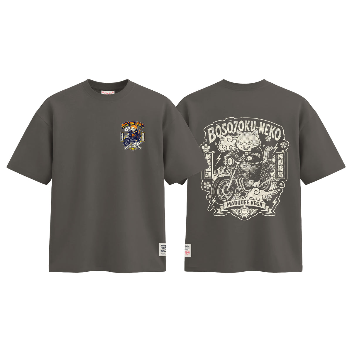 Boso Zoku Neko Orange graphic tee colour preview in Charcoal Grey, shown front and back.