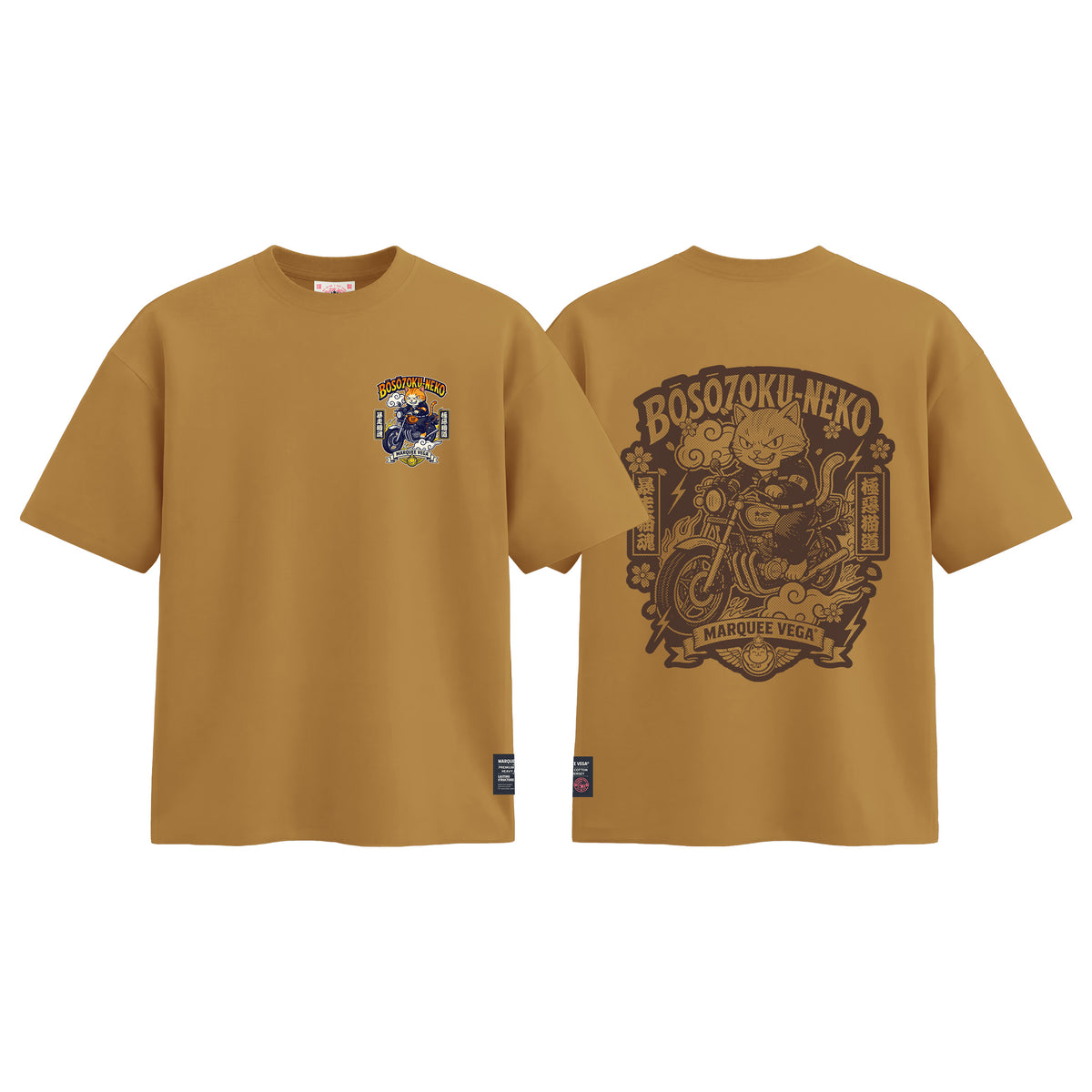 Boso Zoku Neko Orange graphic tee colour preview in Mustard Yellow, shown front and back.