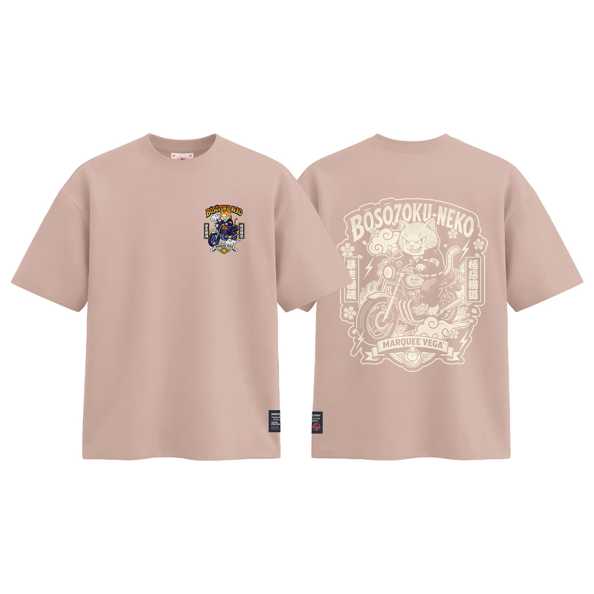 Boso Zoku Neko Orange graphic tee colour preview in Dirty Pink, shown front and back.