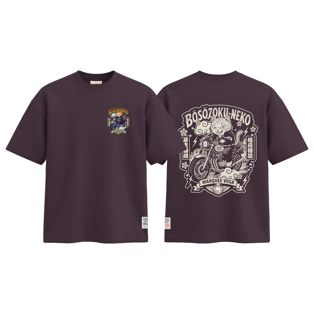 Boso Zoku Neko Orange graphic tee colour preview in Dark Plum, shown front and back.