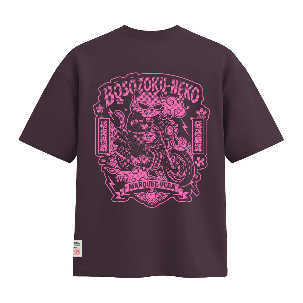 Boso Zoku Neko Neon heavyweight loose fit graphic tee back artwork on Dark Plum by Marquee Vega.