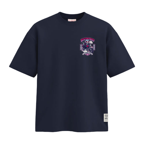 Boso Zoku Neko Neon heavyweight loose fit graphic tee chest artwork on Navy Blue by Marquee Vega.