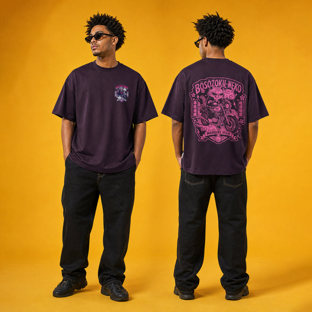Model wearing the Boso Zoku Neko Neon heavyweight loose fit graphic tee, shown front and back.
