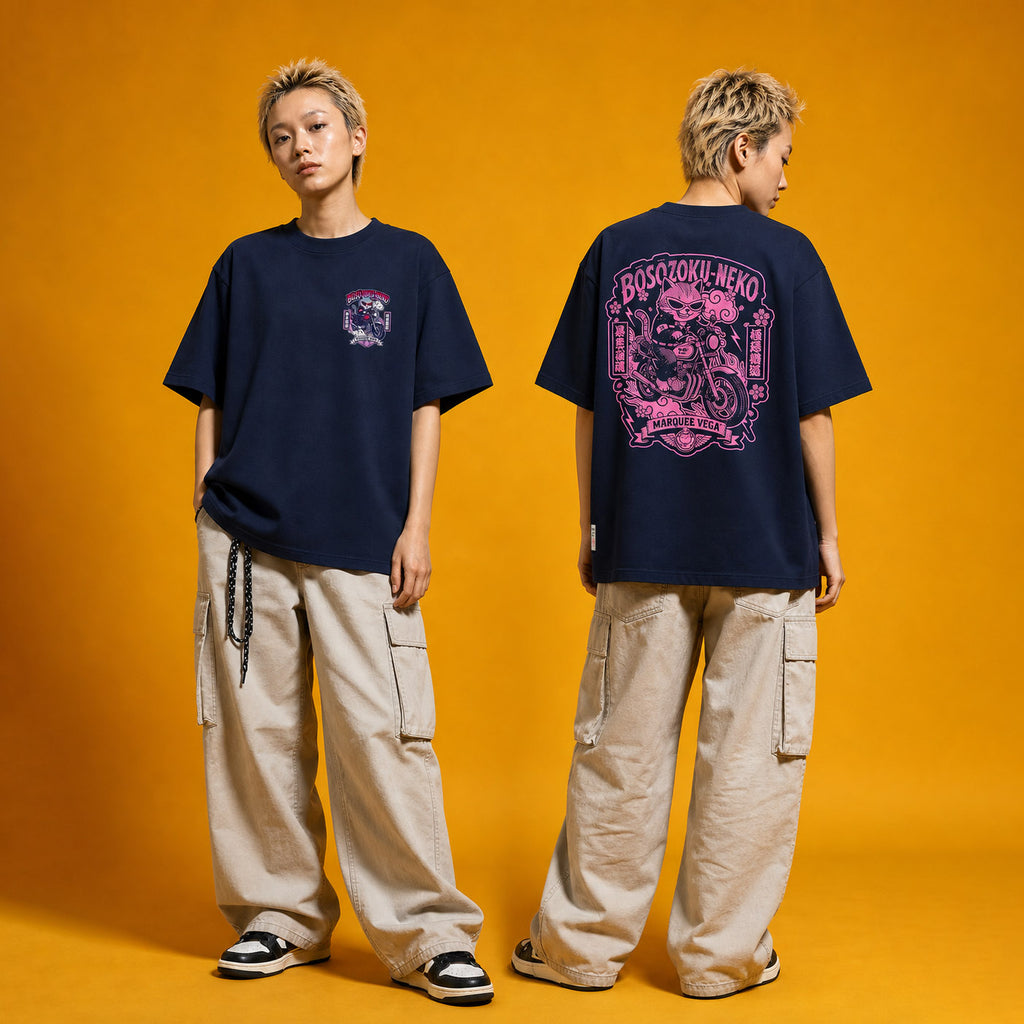 Model wearing the Boso Zoku Neko Neon heavyweight loose fit graphic tee, shown front and back.