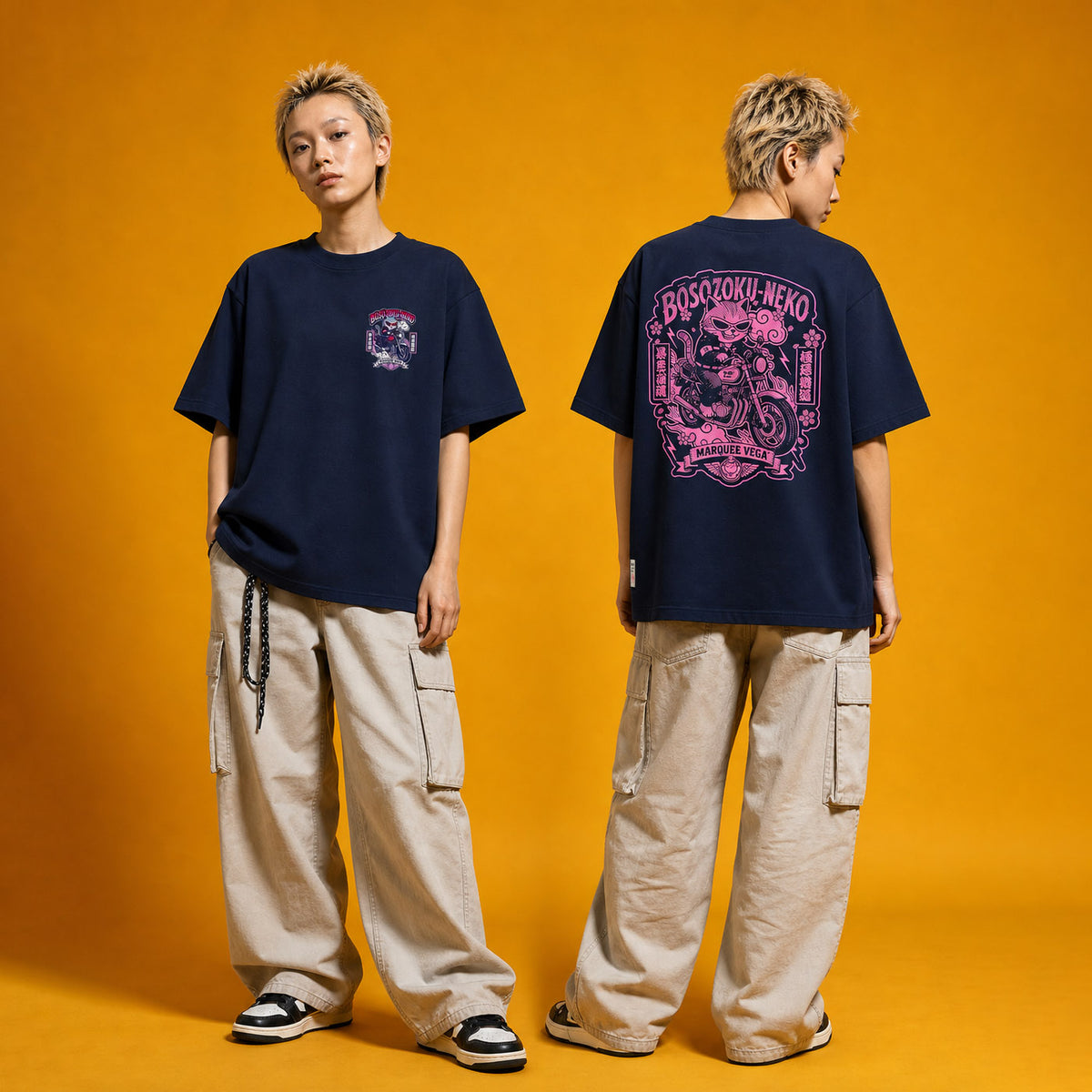 Model wearing the Boso Zoku Neko Neon heavyweight loose fit graphic tee, shown front and back.