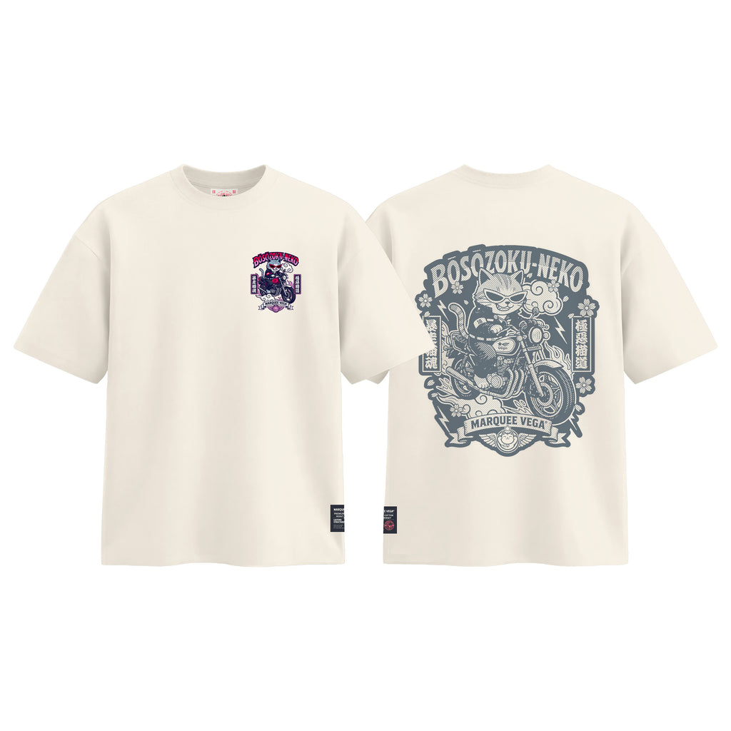 Boso Zoku Neko Neon graphic tee colour preview in Off White, shown front and back.
