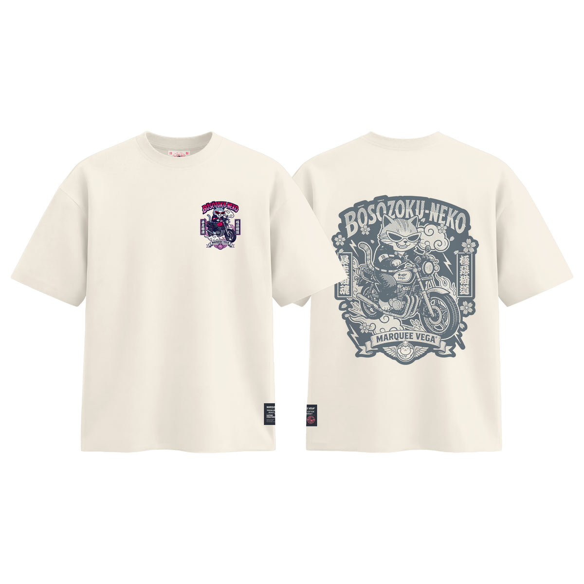 Boso Zoku Neko Neon graphic tee colour preview in Off White, shown front and back.