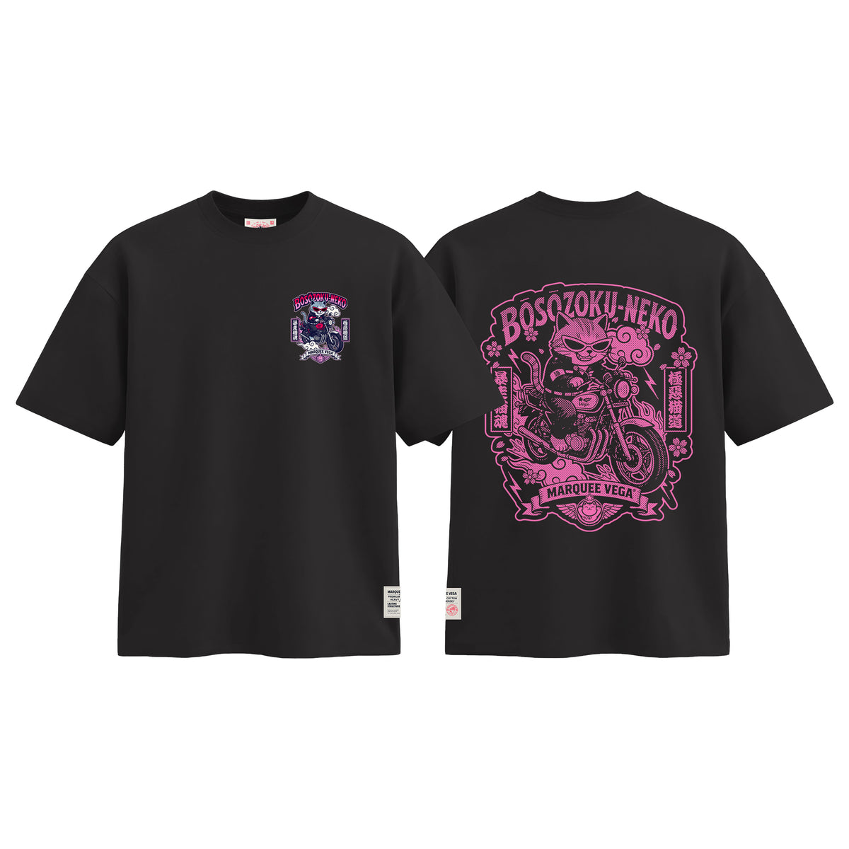Boso Zoku Neko Neon graphic tee colour preview in Vintage Black, shown front and back.