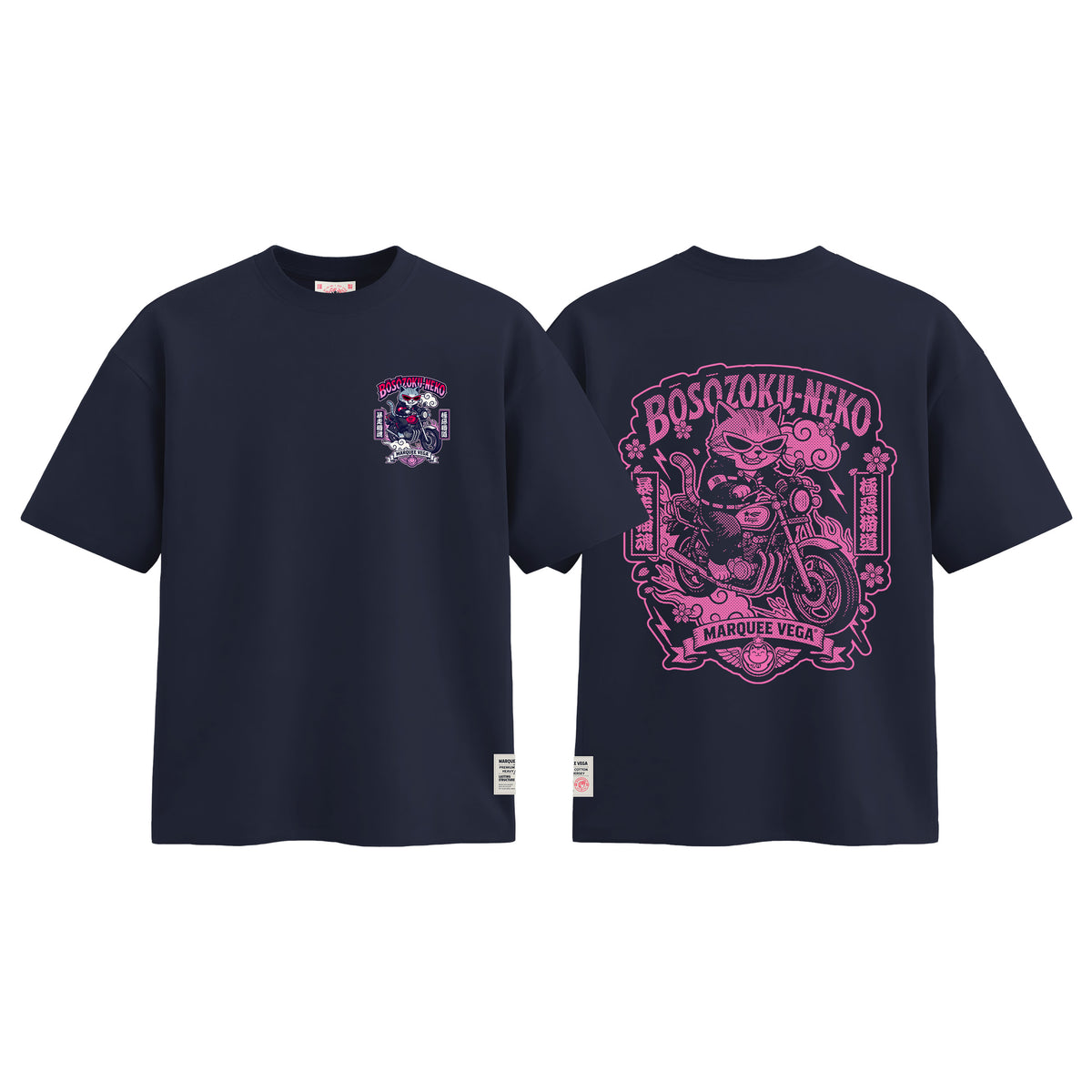 Boso Zoku Neko Neon graphic tee colour preview in Navy Blue, shown front and back.