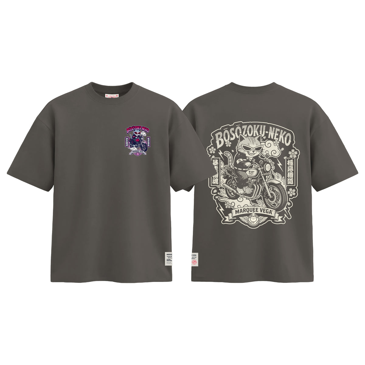 Boso Zoku Neko Neon graphic tee colour preview in Charcoal Grey, shown front and back.