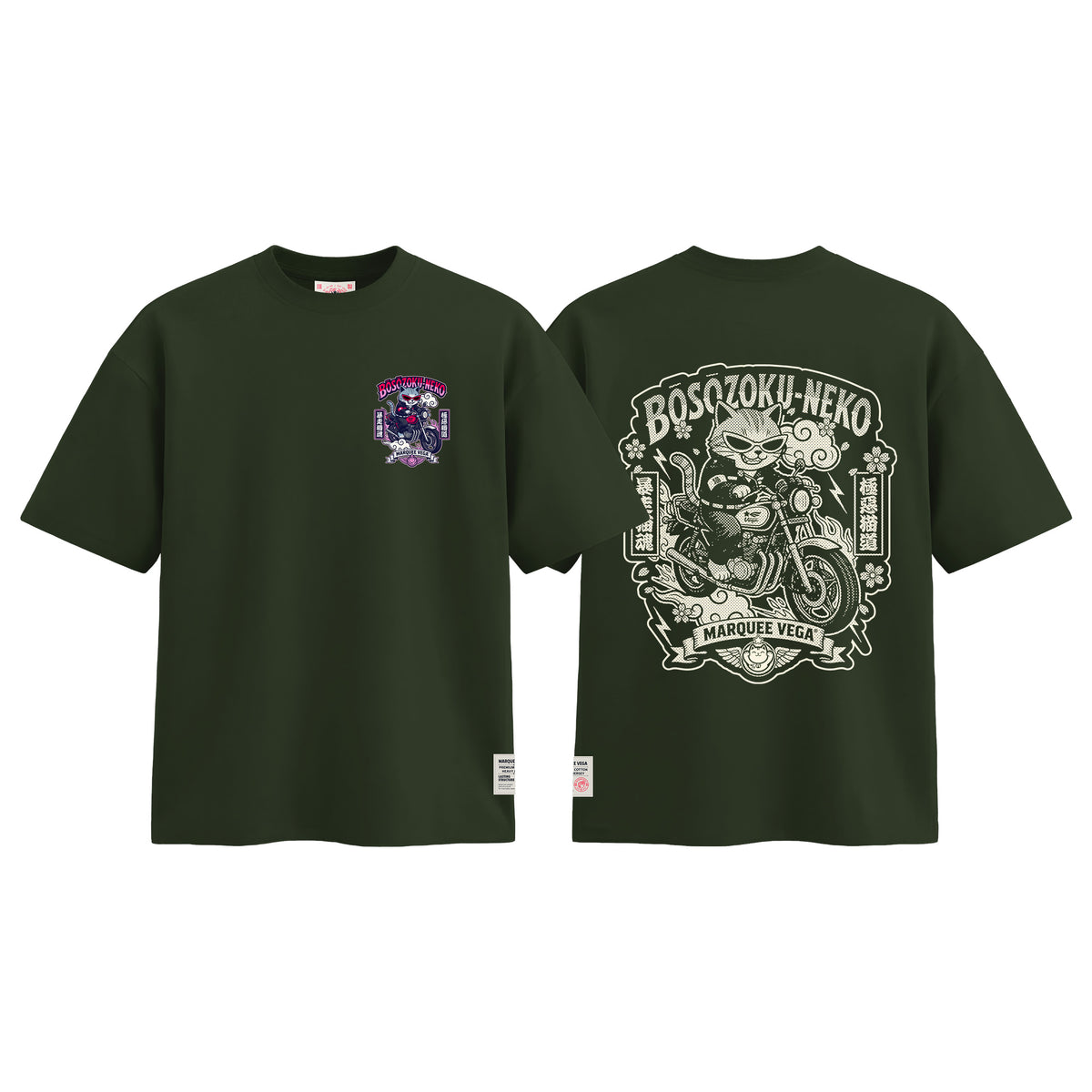 Boso Zoku Neko Neon graphic tee colour preview in Racing Green, shown front and back.