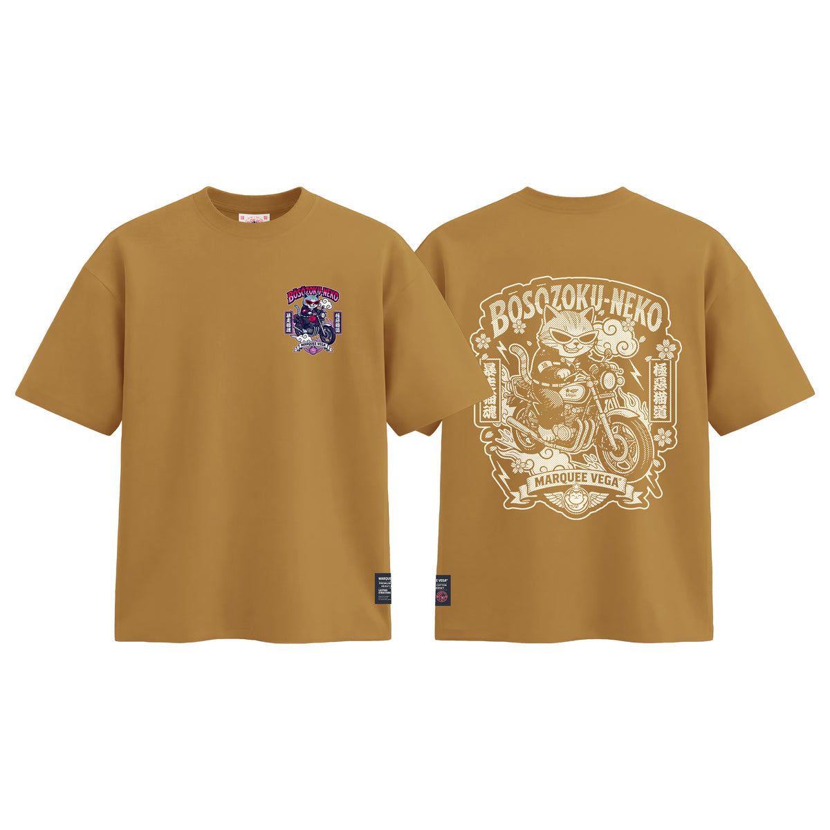 Boso Zoku Neko Neon graphic tee colour preview in Mustard Yellow, shown front and back.