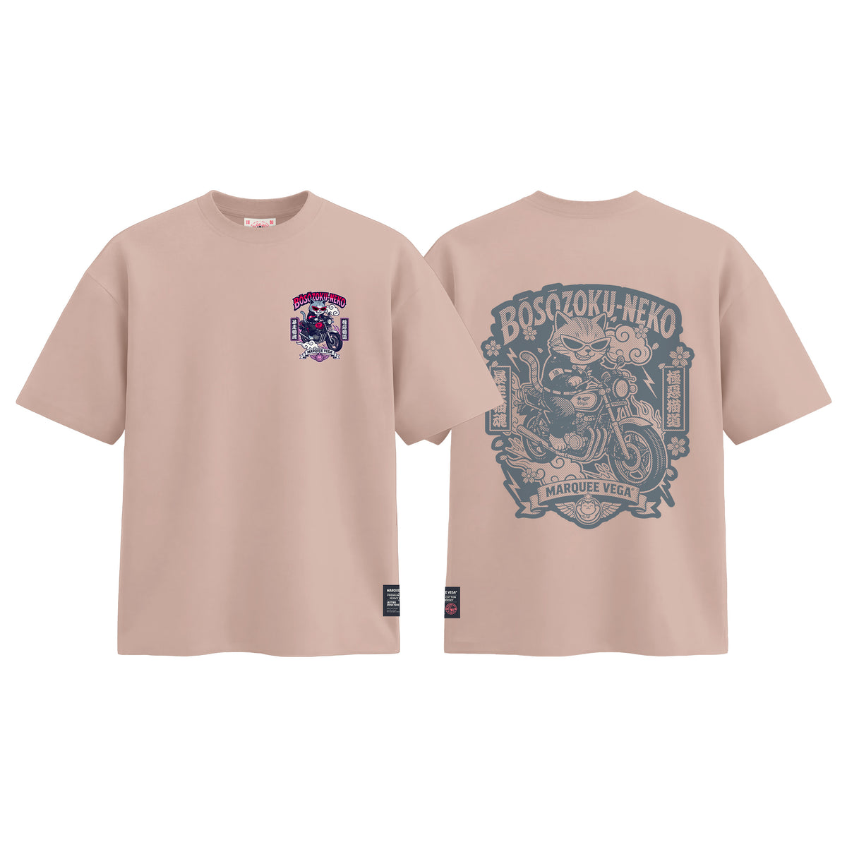Boso Zoku Neko Neon graphic tee colour preview in Dirty Pink, shown front and back.