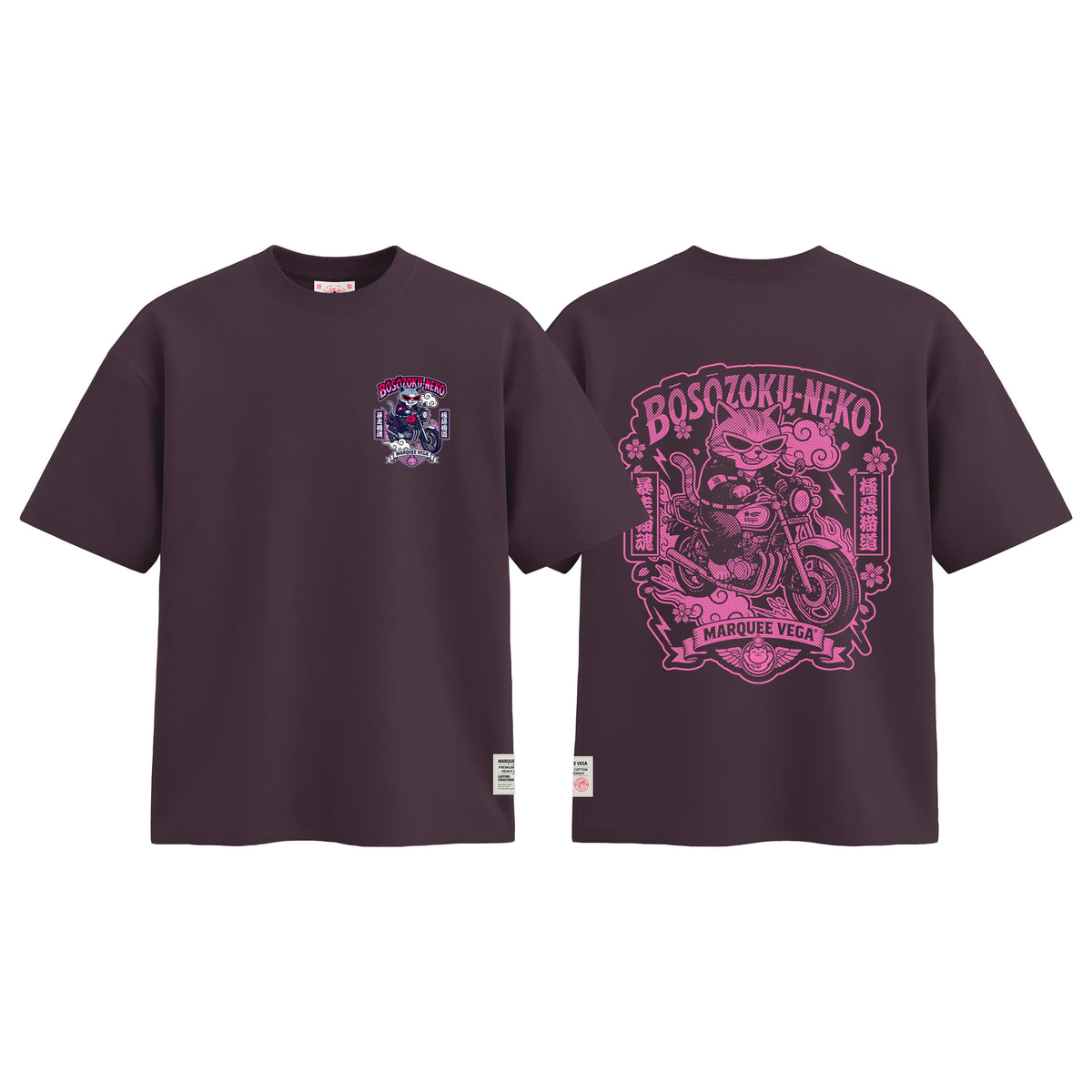 Boso Zoku Neko Neon graphic tee colour preview in Dark Plum, shown front and back.