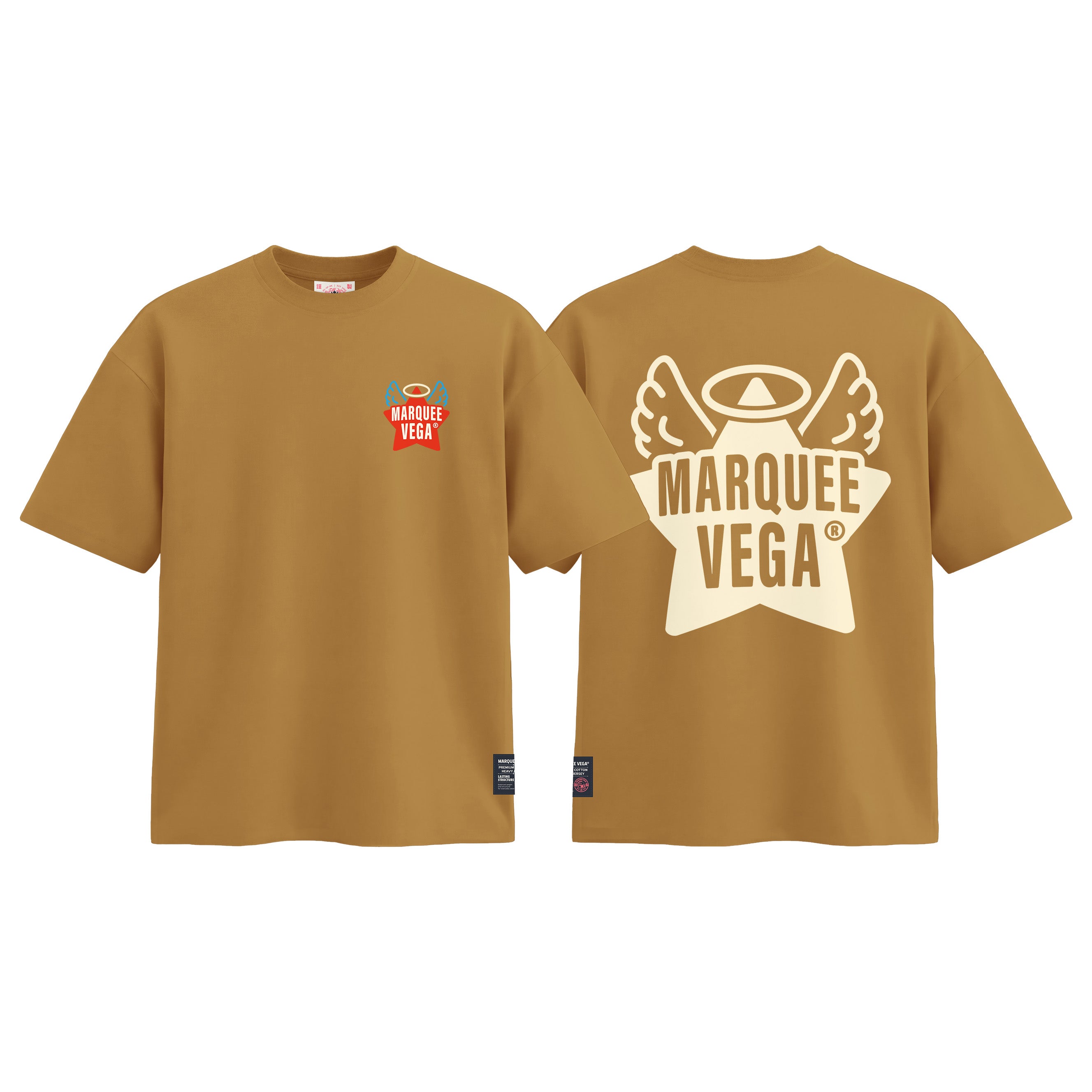 Angel Star Vega Logo graphic tee colour preview in Mustard Yellow, shown front and back.