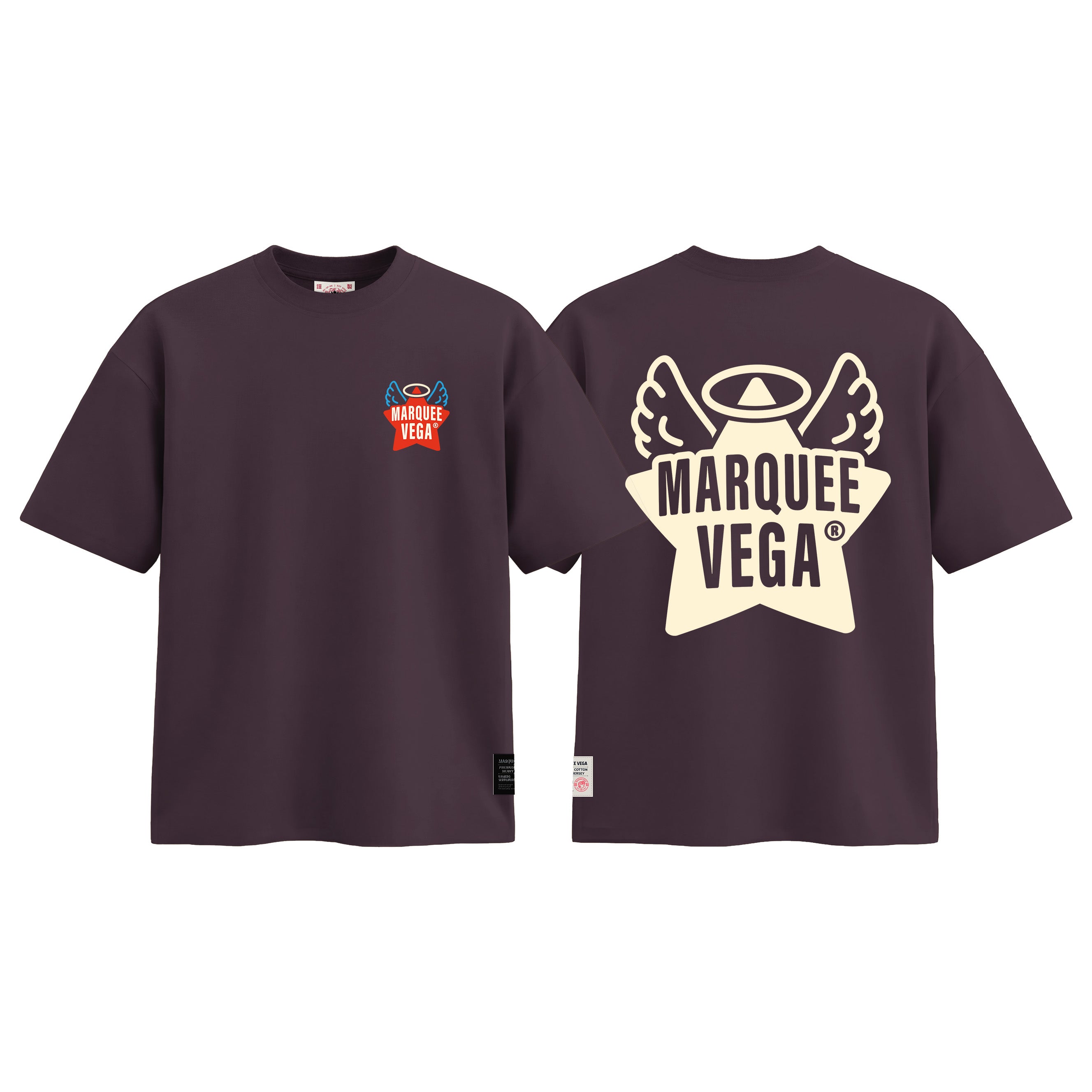 Angel Star Vega Logo graphic tee colour preview in Dark Plum, shown front and back.