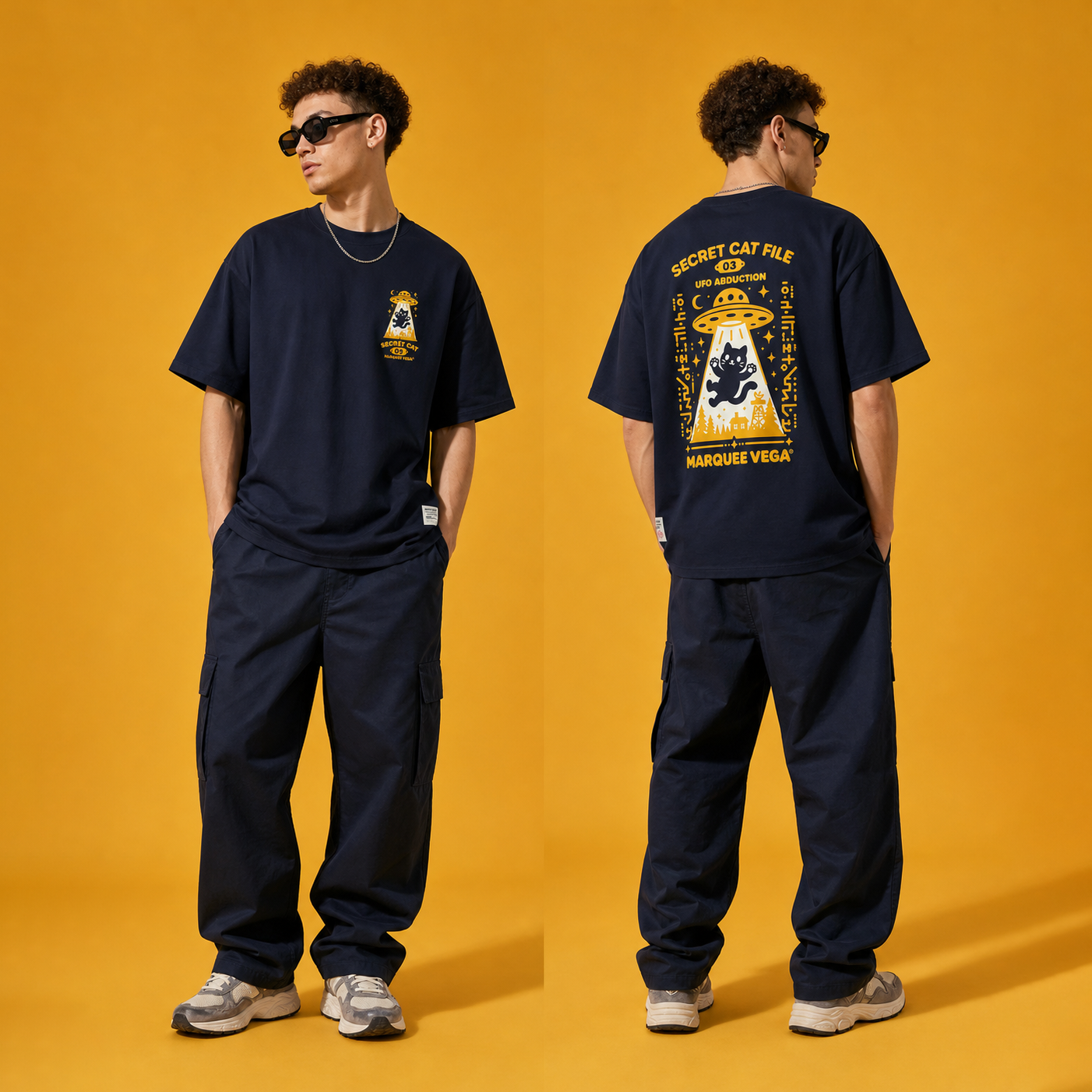 Male model styling demonstration for the Secret Cat File - UFO Abduction graphic tee by Marquee Vega.
