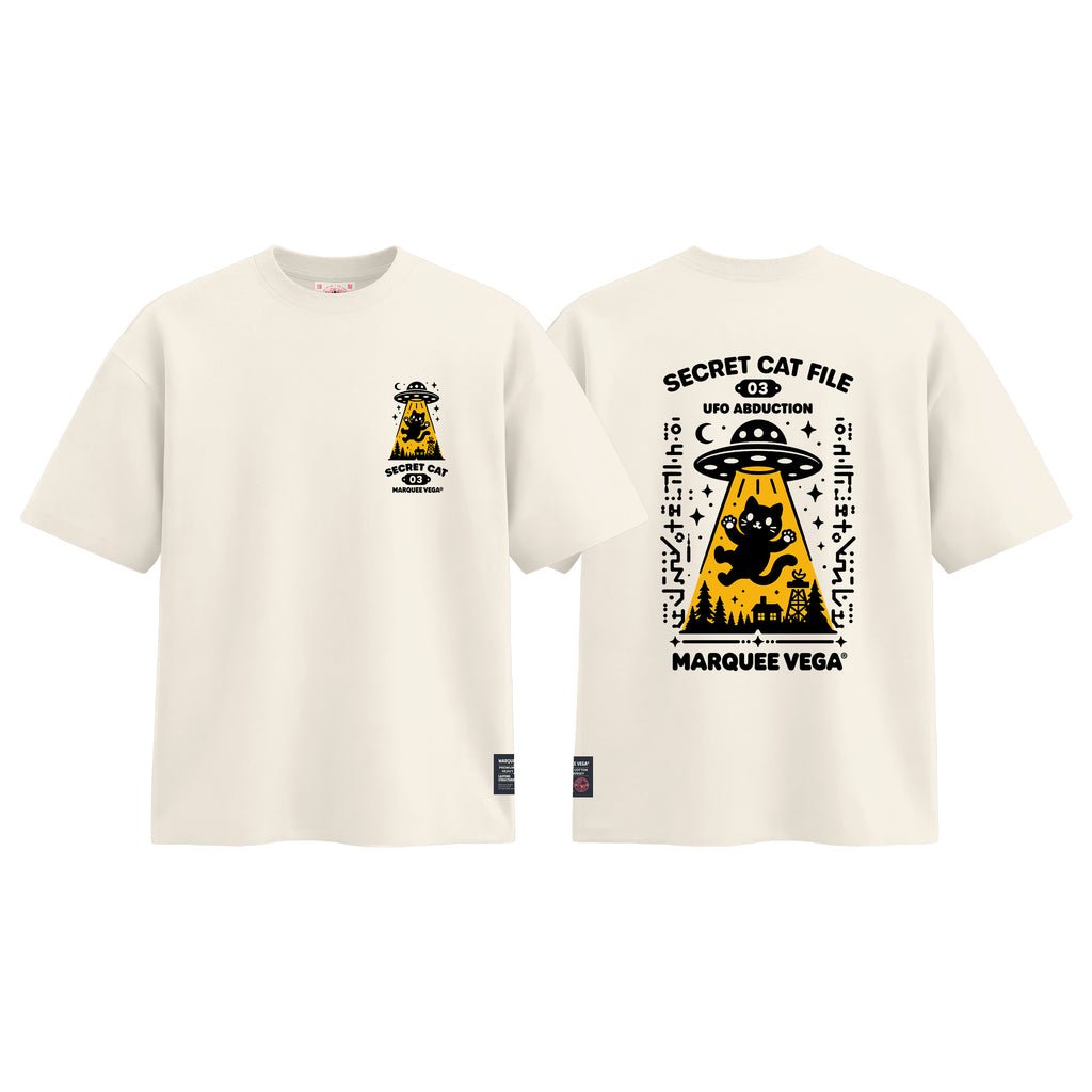 MVTUK20268405_T01 Secret Cat File - UFO Abduction graphic tee colour image by Marquee Vega.
