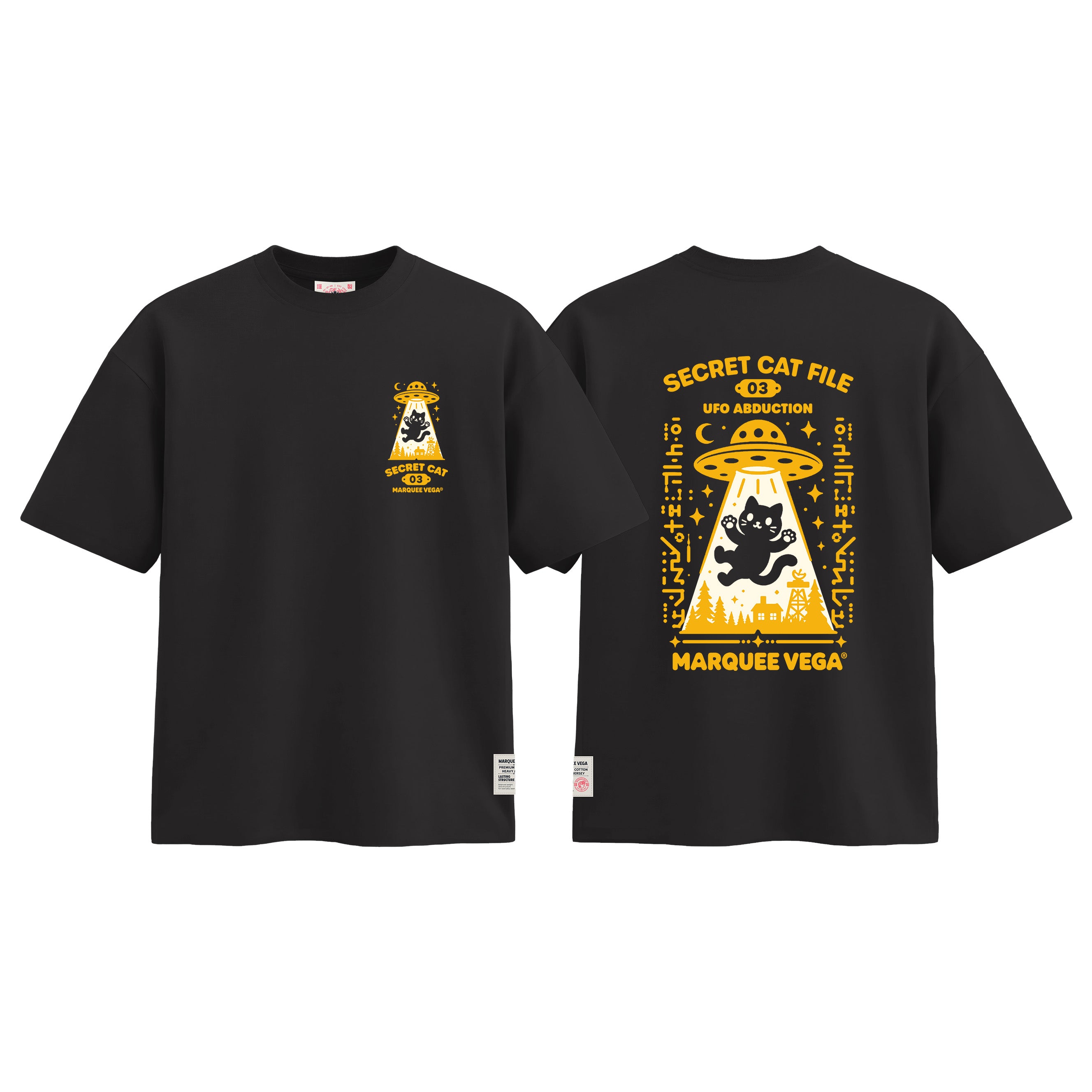 MVTUK20268405_T02 Secret Cat File - UFO Abduction graphic tee colour image by Marquee Vega.