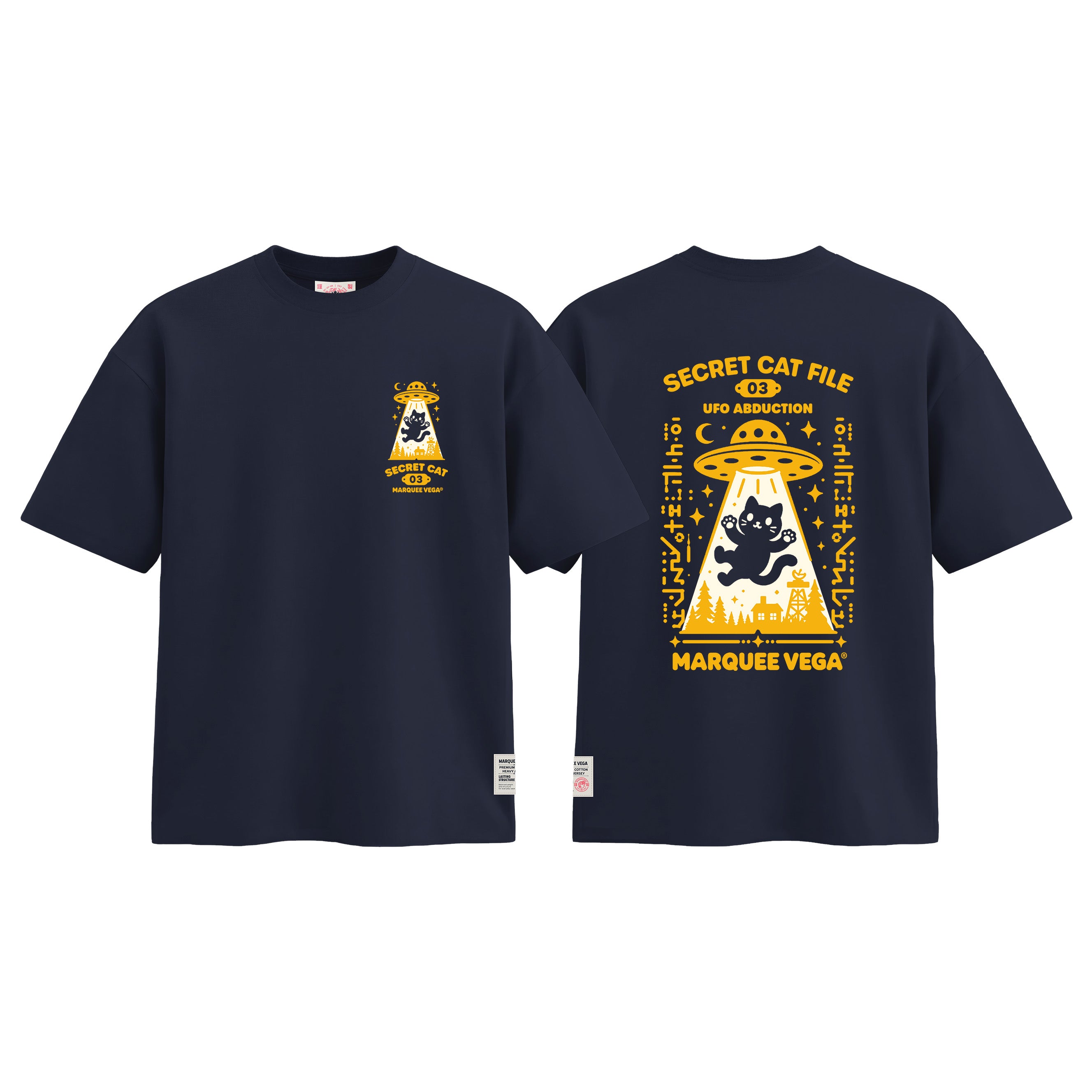 MVTUK20268405_T03 Secret Cat File - UFO Abduction graphic tee colour image by Marquee Vega.