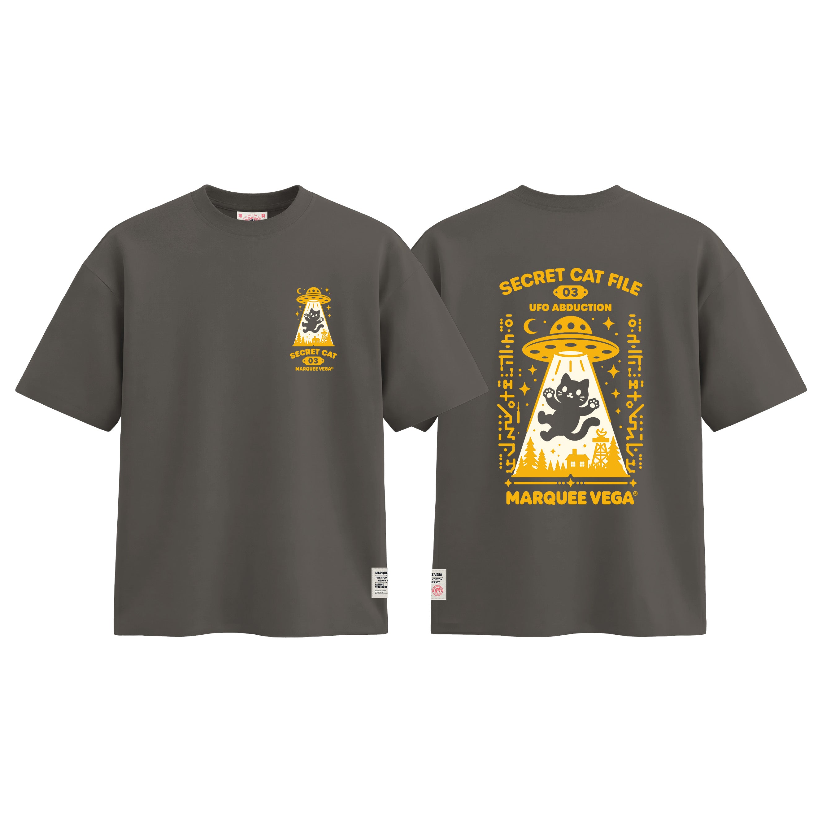 MVTUK20268405_T04 Secret Cat File - UFO Abduction graphic tee colour image by Marquee Vega.