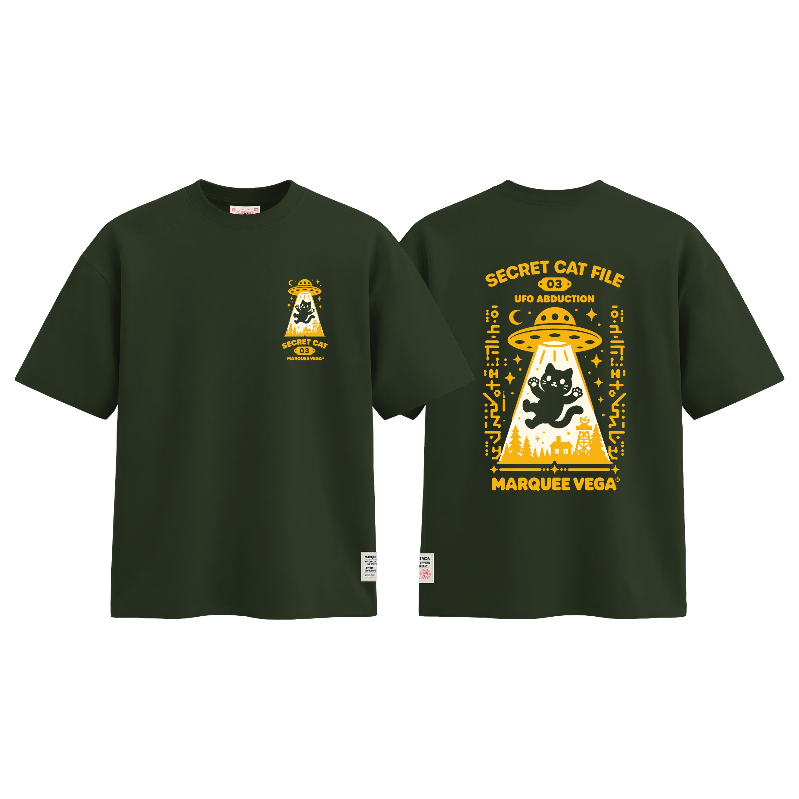 MVTUK20268405_T05 Secret Cat File - UFO Abduction graphic tee colour image by Marquee Vega.