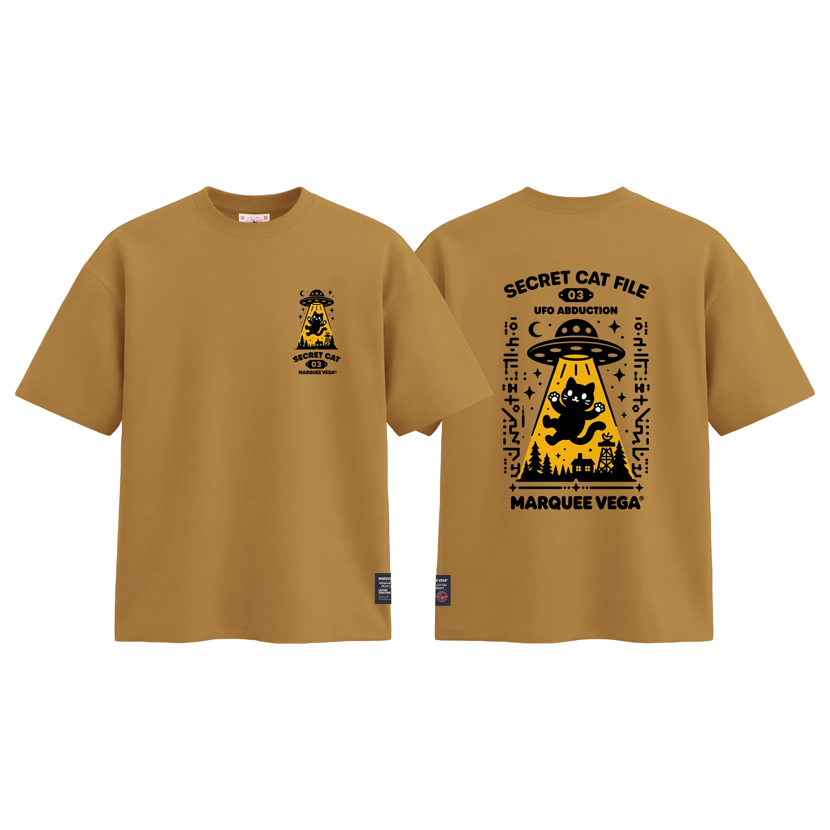 Secret Cat File - UFO Abduction graphic tee colour preview in Mustard Yellow, shown front and back.