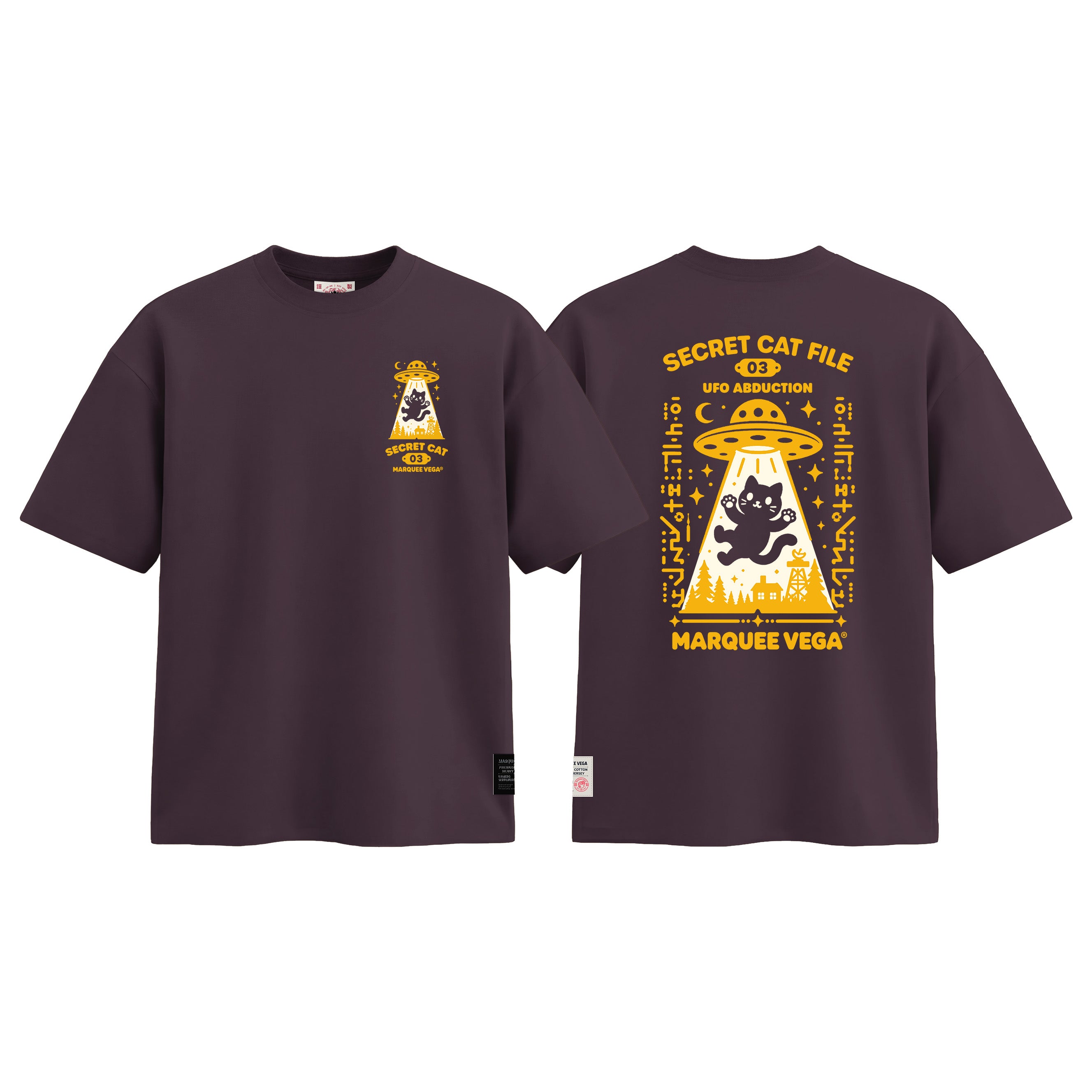 Secret Cat File - UFO Abduction graphic tee colour preview in Dark Plum, shown front and back.