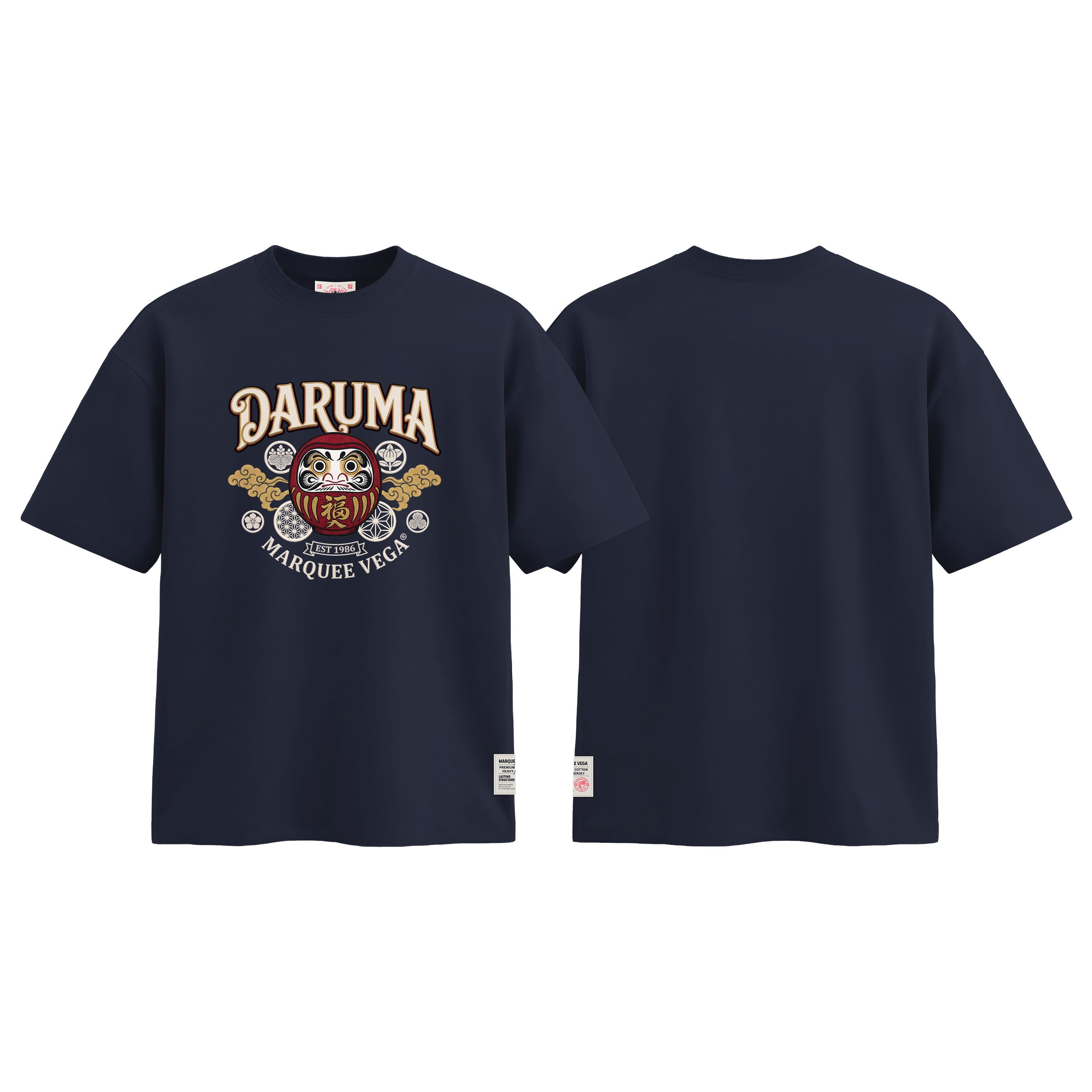 DARUMA - Lucky Japanese Doll graphic tee colour preview in Navy Blue, shown front and back.