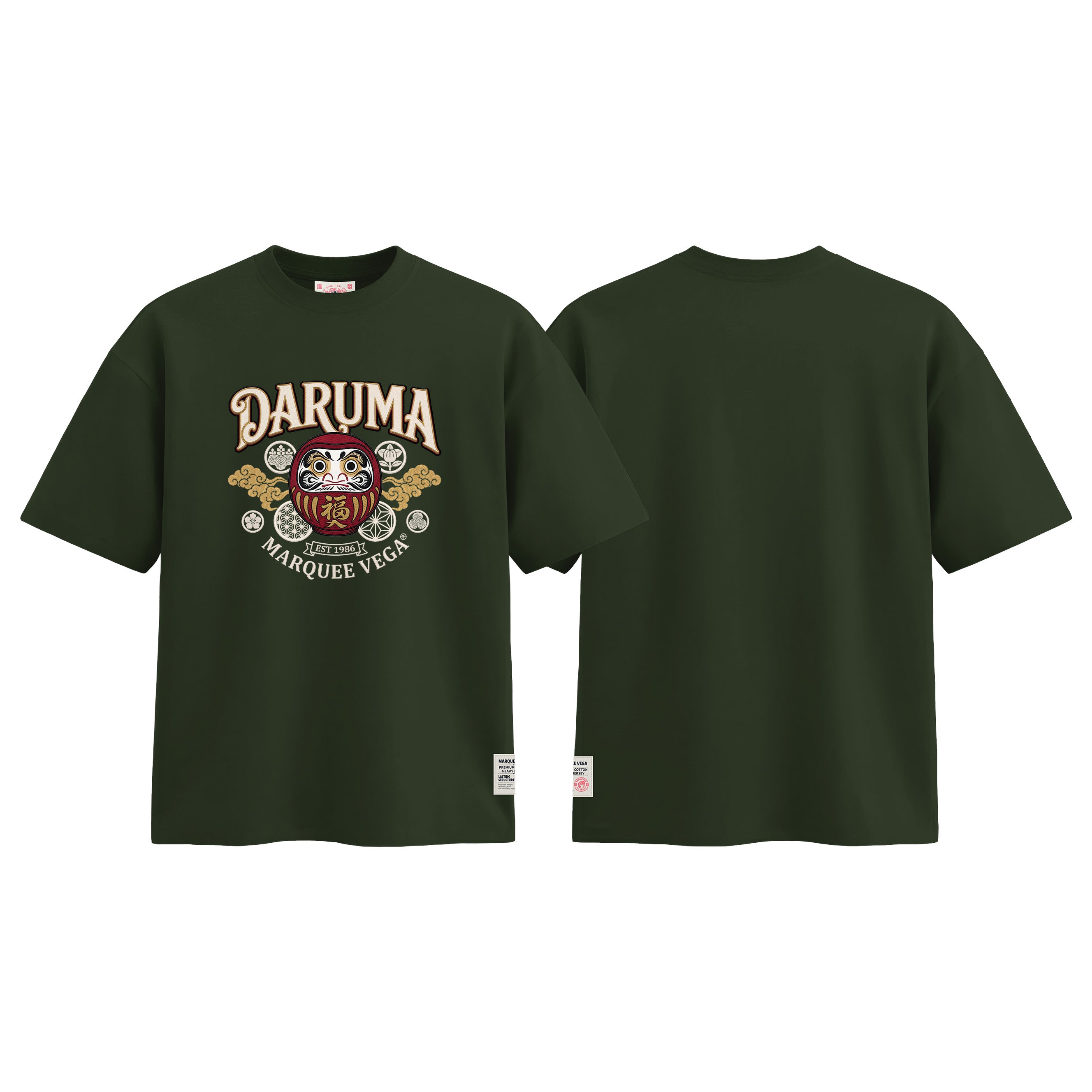 DARUMA - Lucky Japanese Doll graphic tee colour preview in Racing Green, shown front and back.