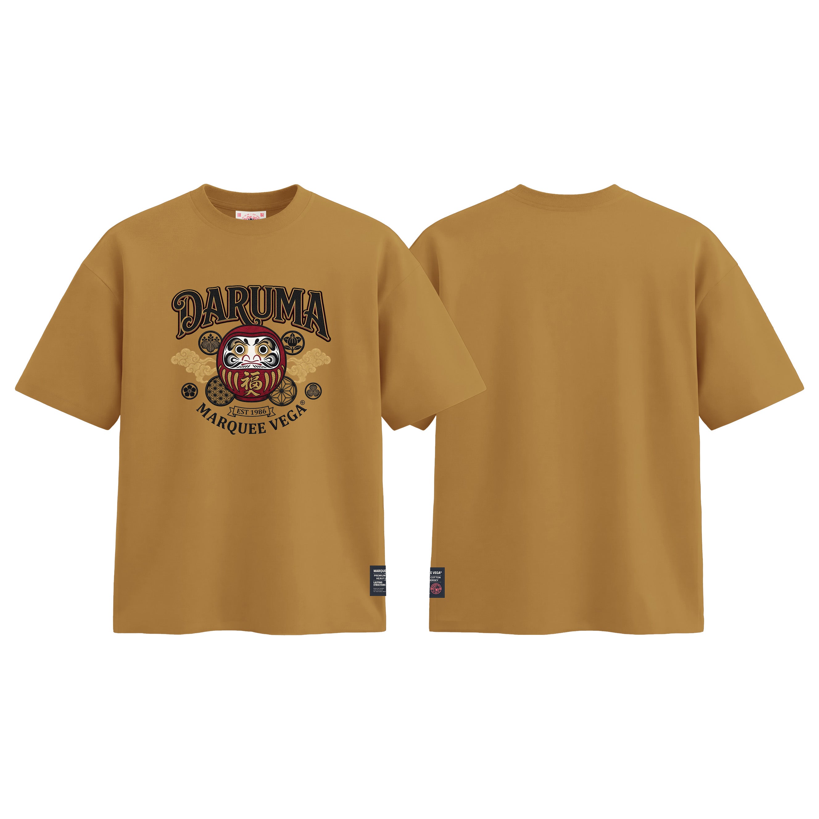 DARUMA - Lucky Japanese Doll graphic tee colour preview in Mustard Yellow, shown front and back.