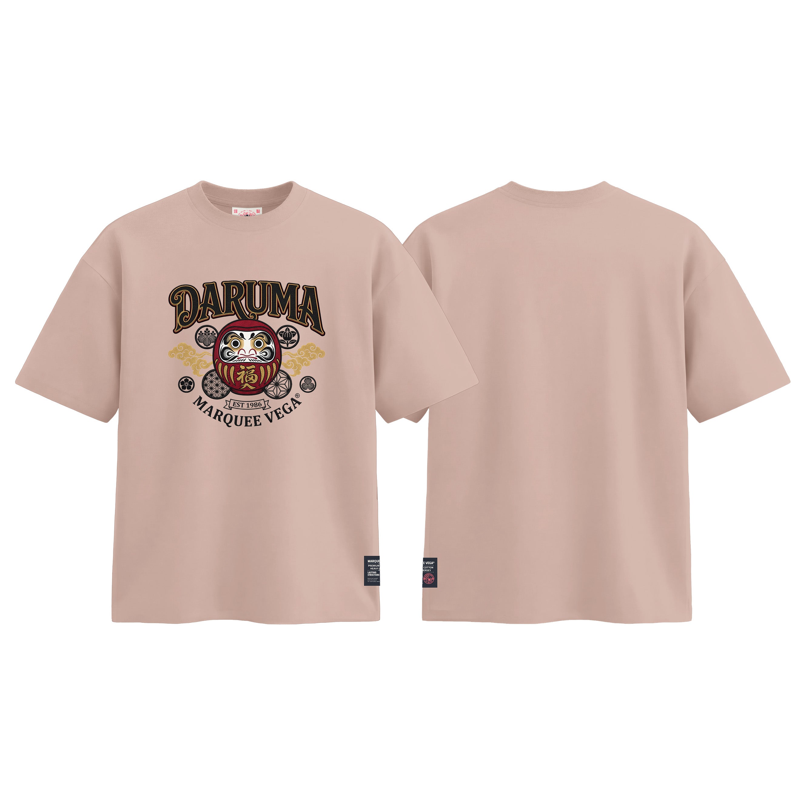 DARUMA - Lucky Japanese Doll graphic tee colour preview in Dirty Pink, shown front and back.