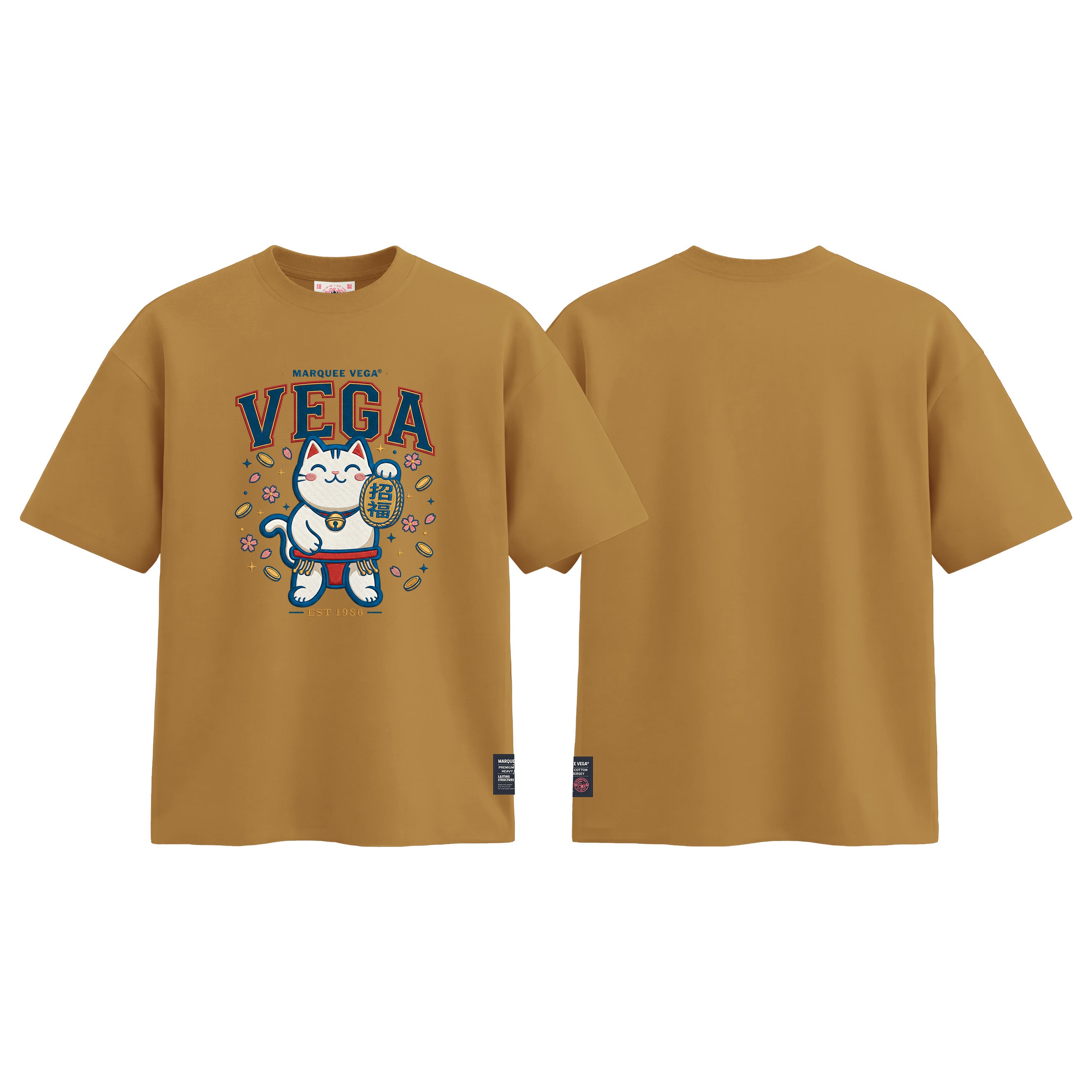 Lucky Maneki Neko Cat graphic tee colour preview in Mustard Yellow, shown front and back.