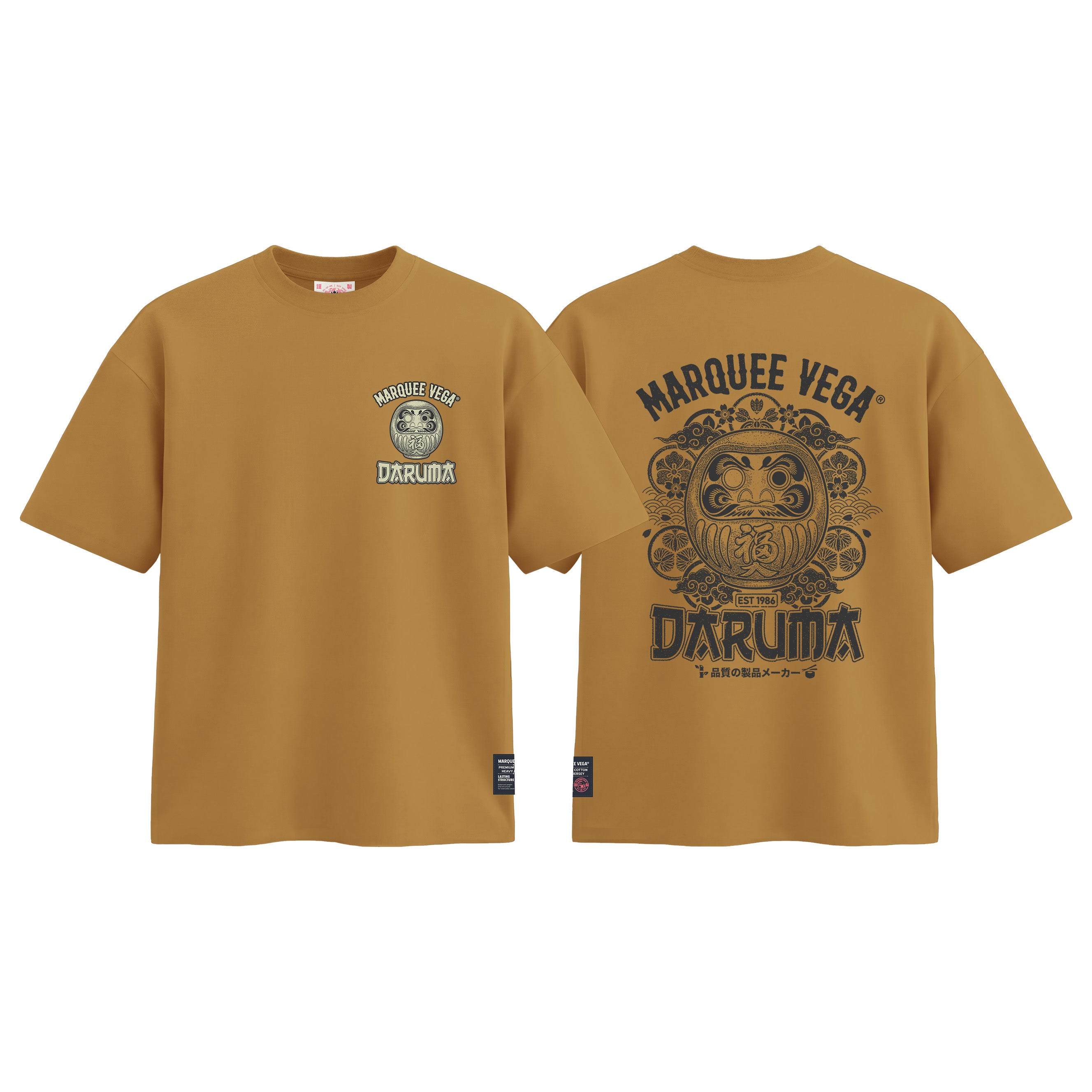 DARUMA - Vintage Daruma Emblem graphic tee colour preview in Mustard Yellow, shown front and back.