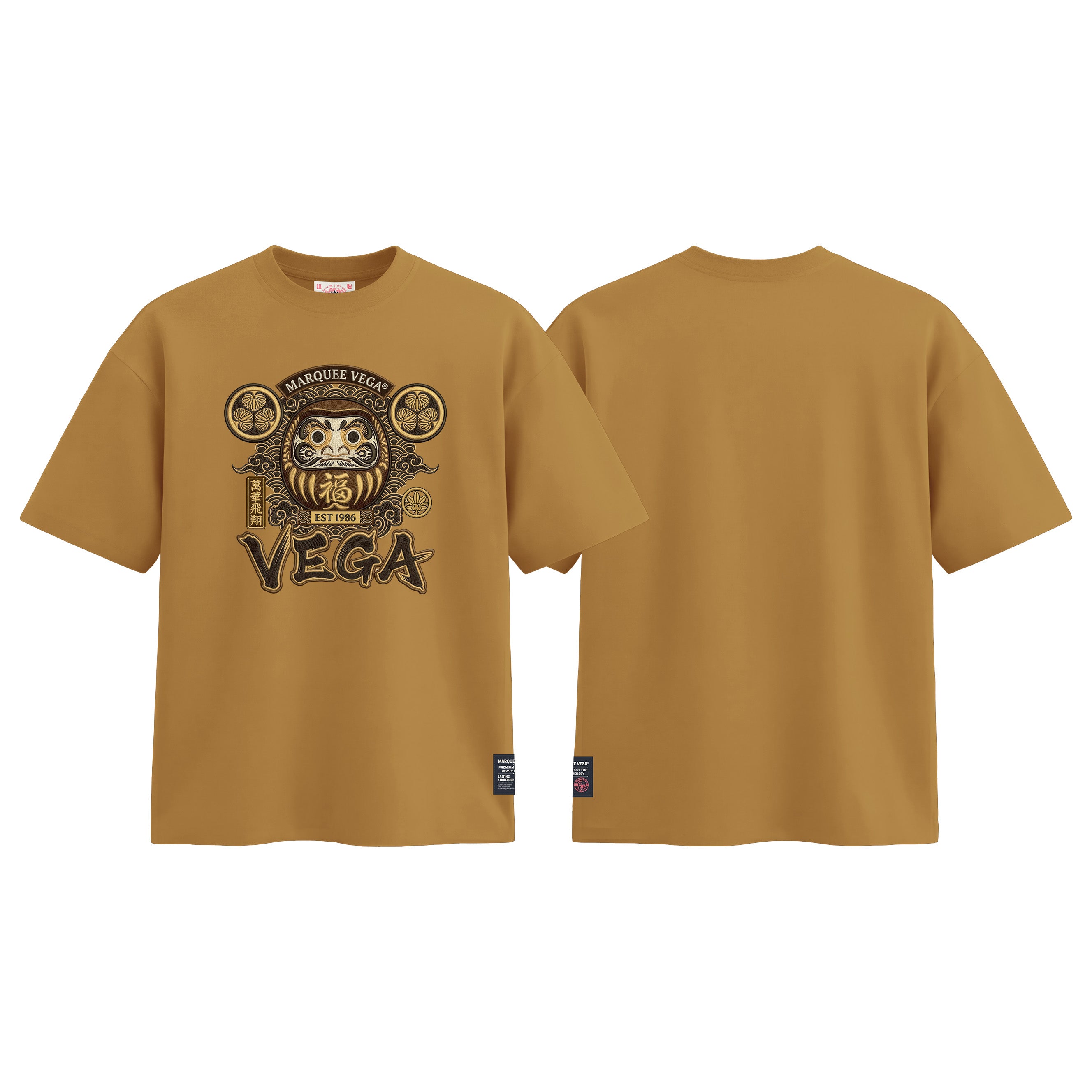 Lucky Daruma Crest graphic tee colour preview in Mustard Yellow, shown front and back.