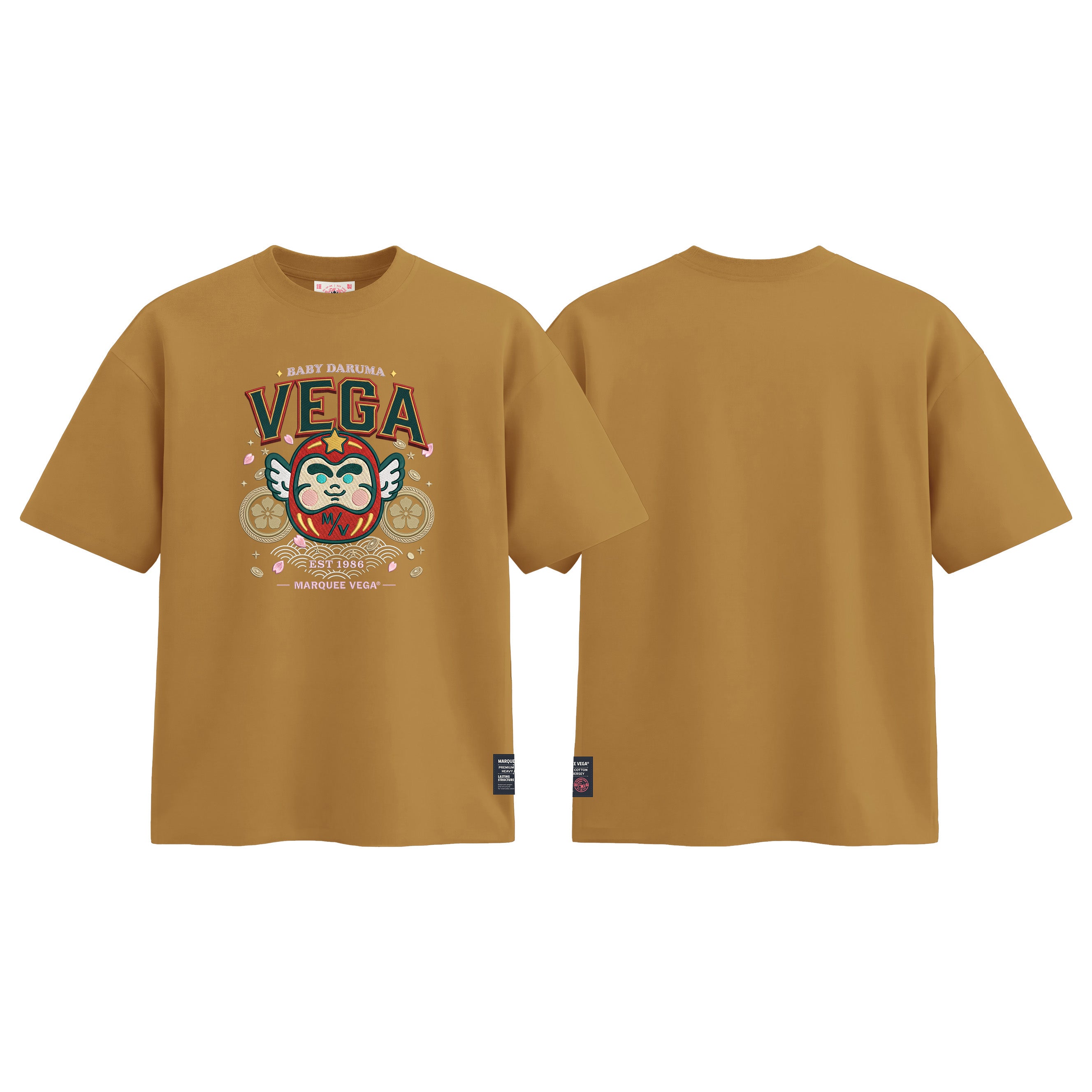 Baby Daruma - Lucky Japanese Mascot graphic tee colour preview in Mustard Yellow, shown front and back.