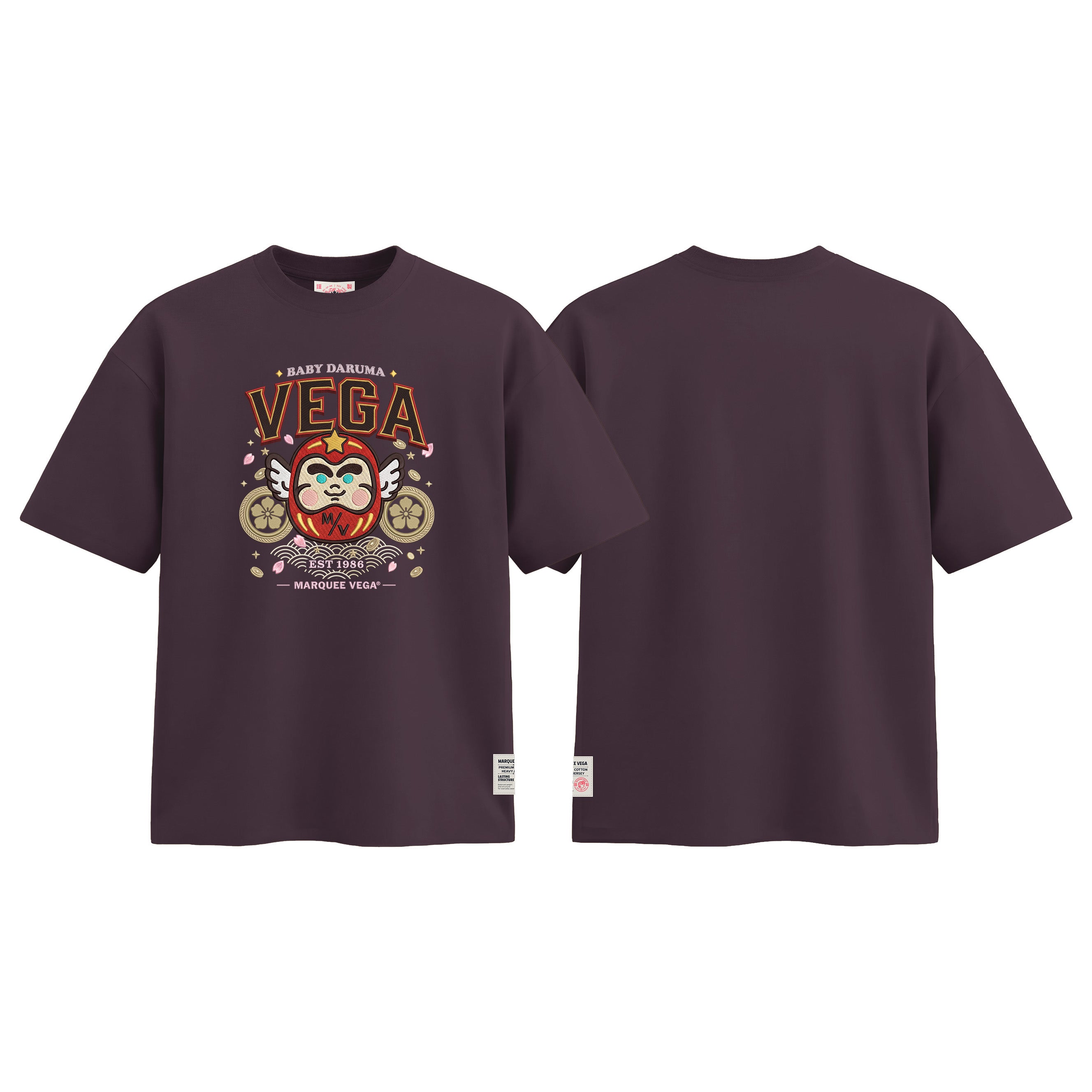 Baby Daruma - Lucky Japanese Mascot graphic tee colour preview in Dark Plum, shown front and back.