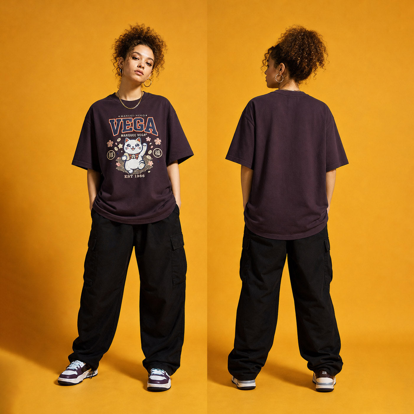 Model styling demonstration for the Lucky Maneki Neko Mascot graphic tee by Marquee Vega.