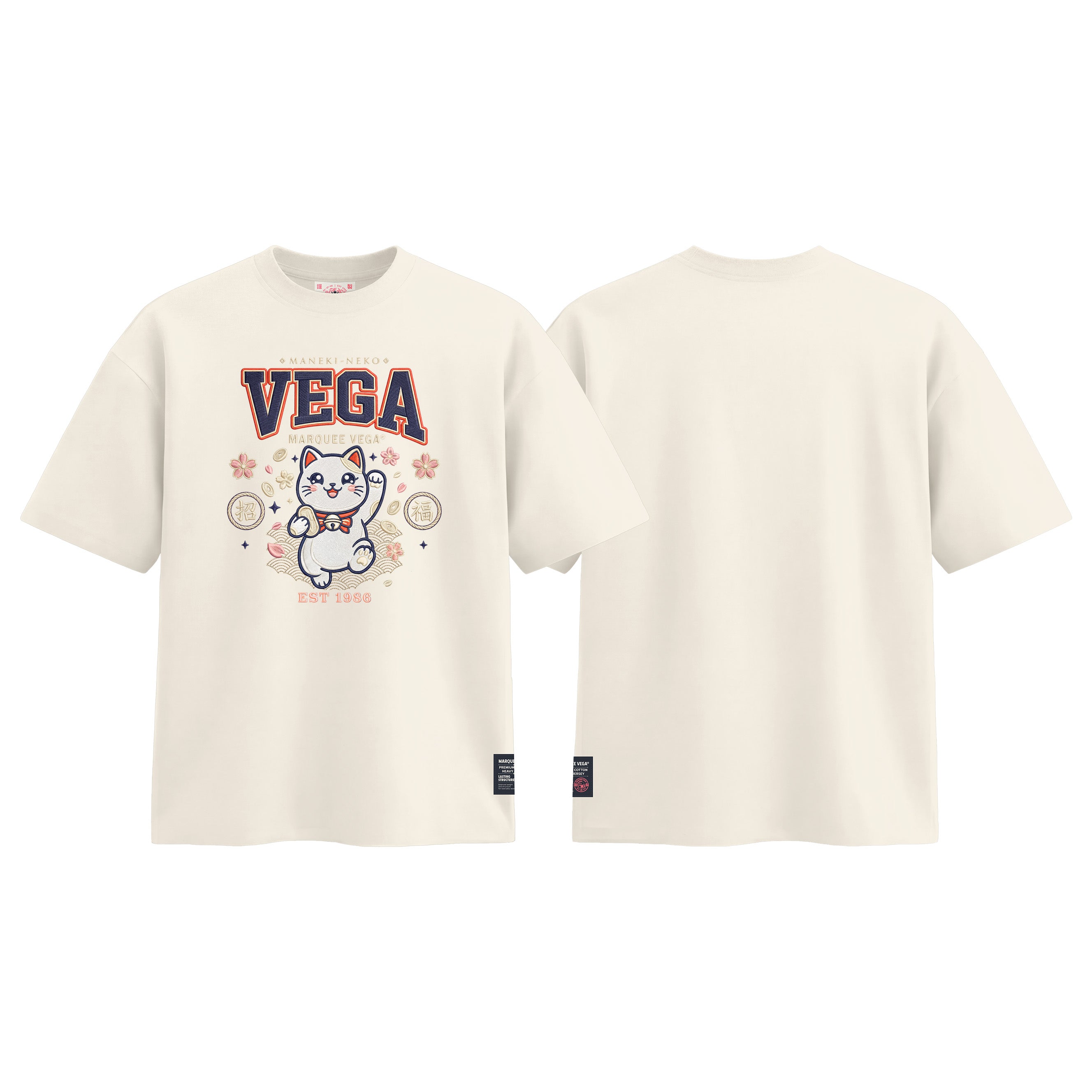 Lucky Maneki Neko Mascot graphic tee colour preview in Off White, shown front and back.