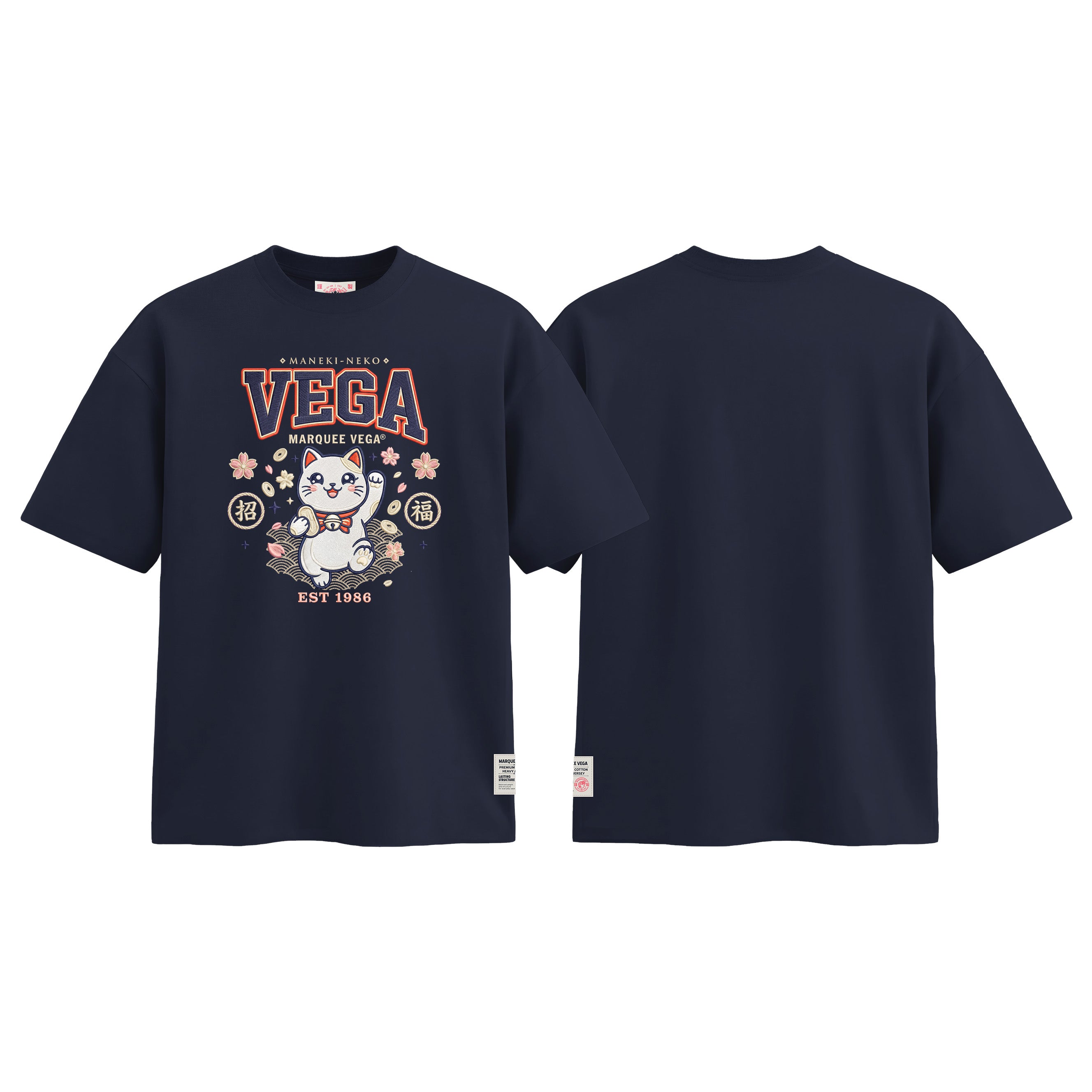 Lucky Maneki Neko Mascot graphic tee colour preview in Navy Blue, shown front and back.
