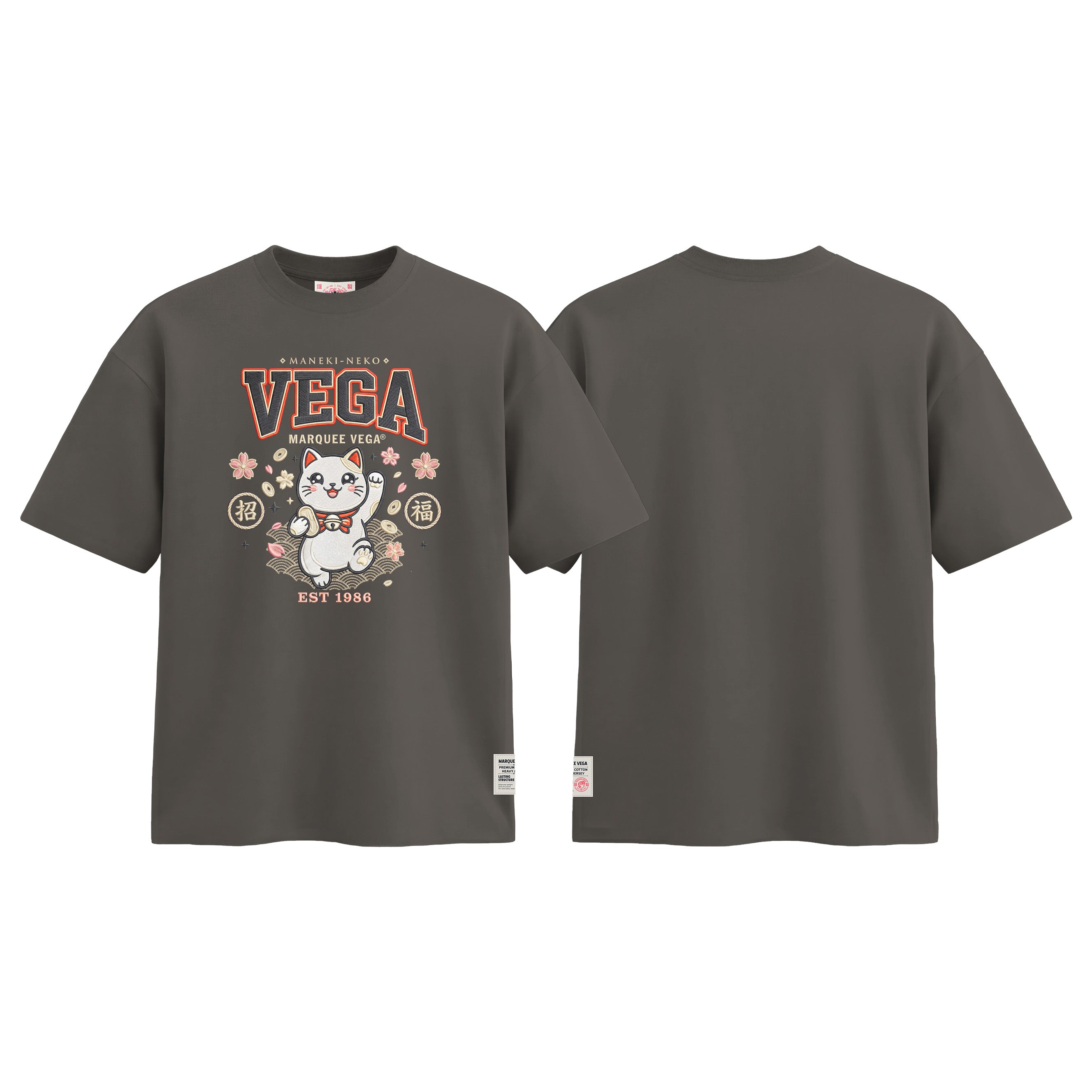 Lucky Maneki Neko Mascot graphic tee colour preview in Charcoal Grey, shown front and back.