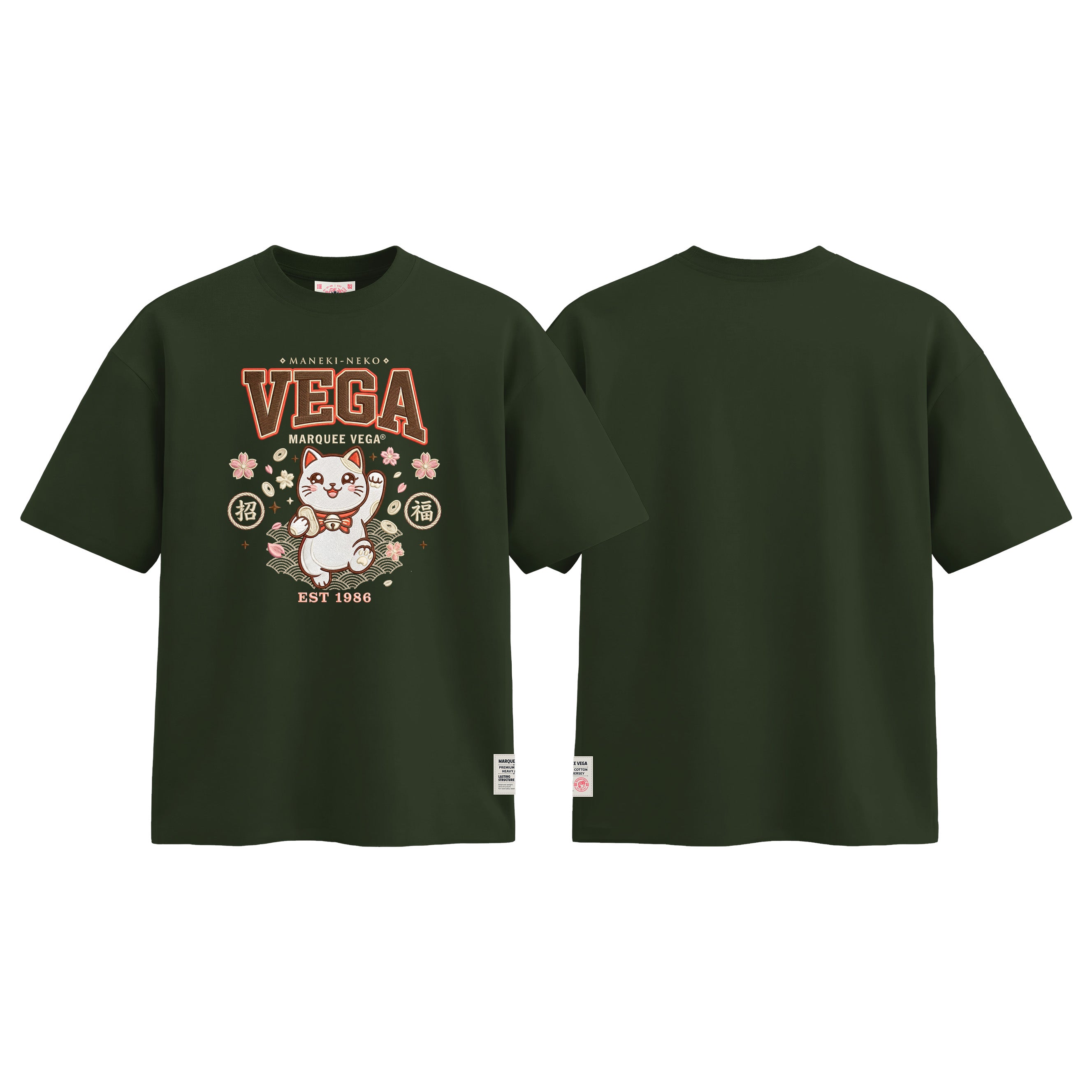 Lucky Maneki Neko Mascot graphic tee colour preview in Racing Green, shown front and back.