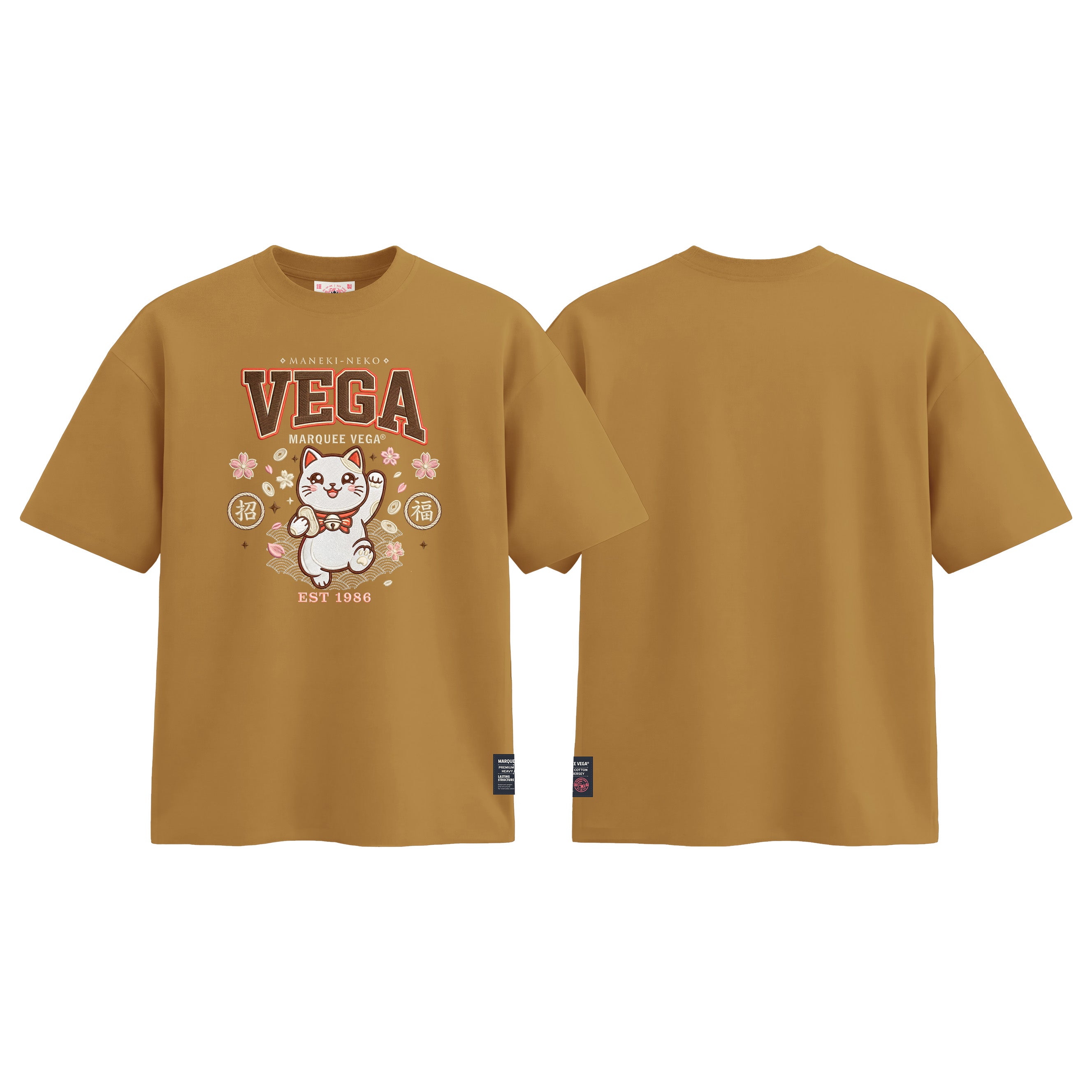 Lucky Maneki Neko Mascot graphic tee colour preview in Mustard Yellow, shown front and back.