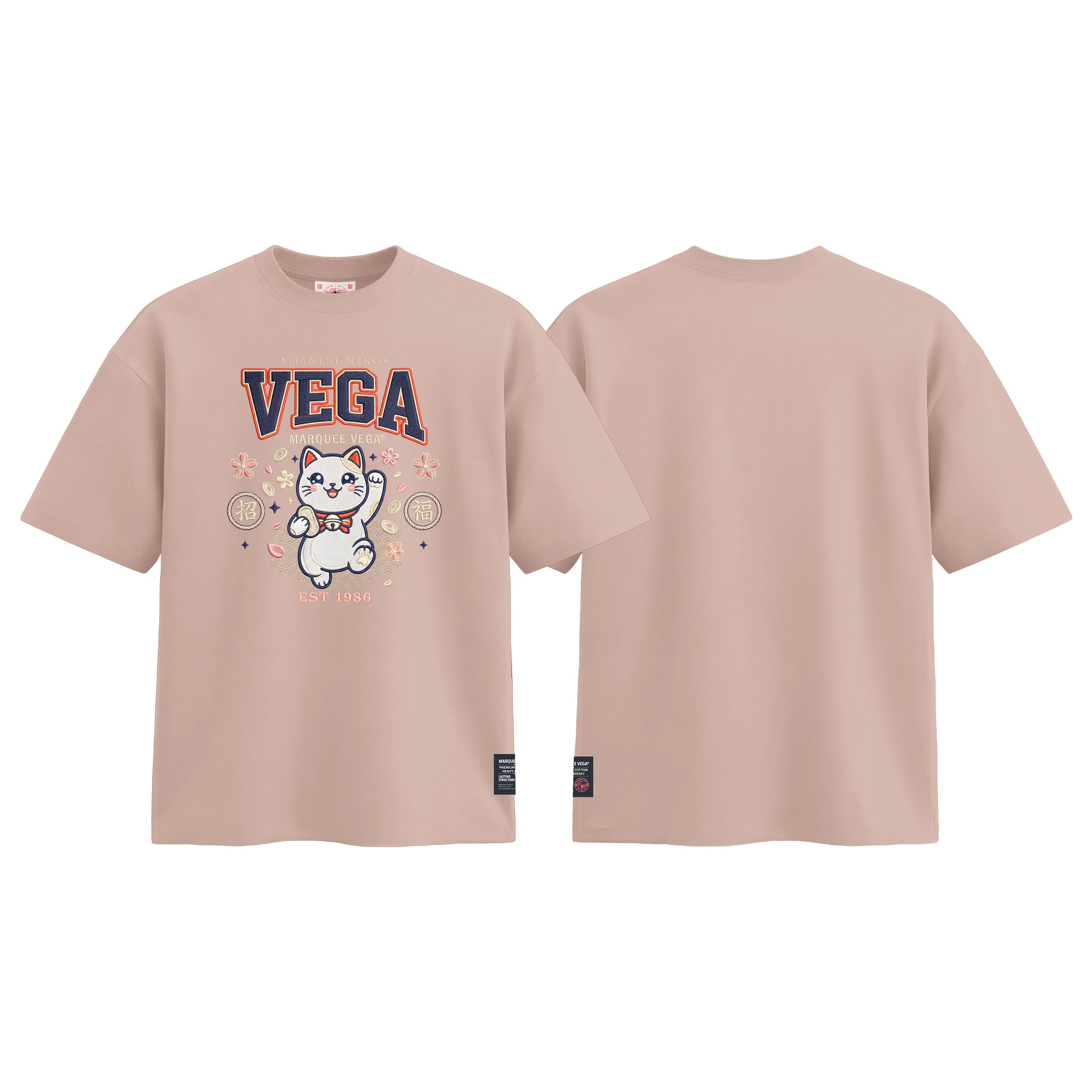 Lucky Maneki Neko Mascot graphic tee colour preview in Dirty Pink, shown front and back.