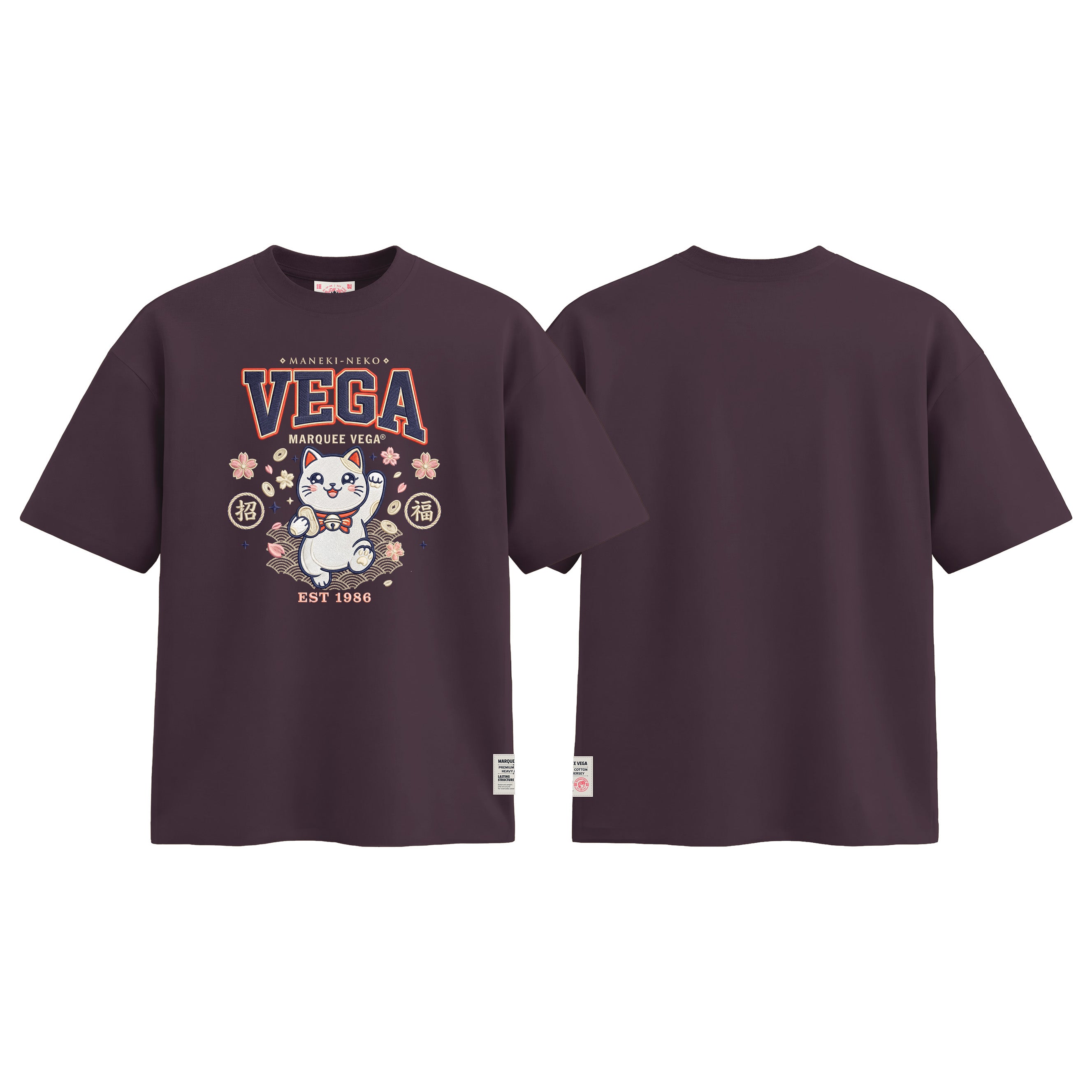 Lucky Maneki Neko Mascot graphic tee colour preview in Dark Plum, shown front and back.