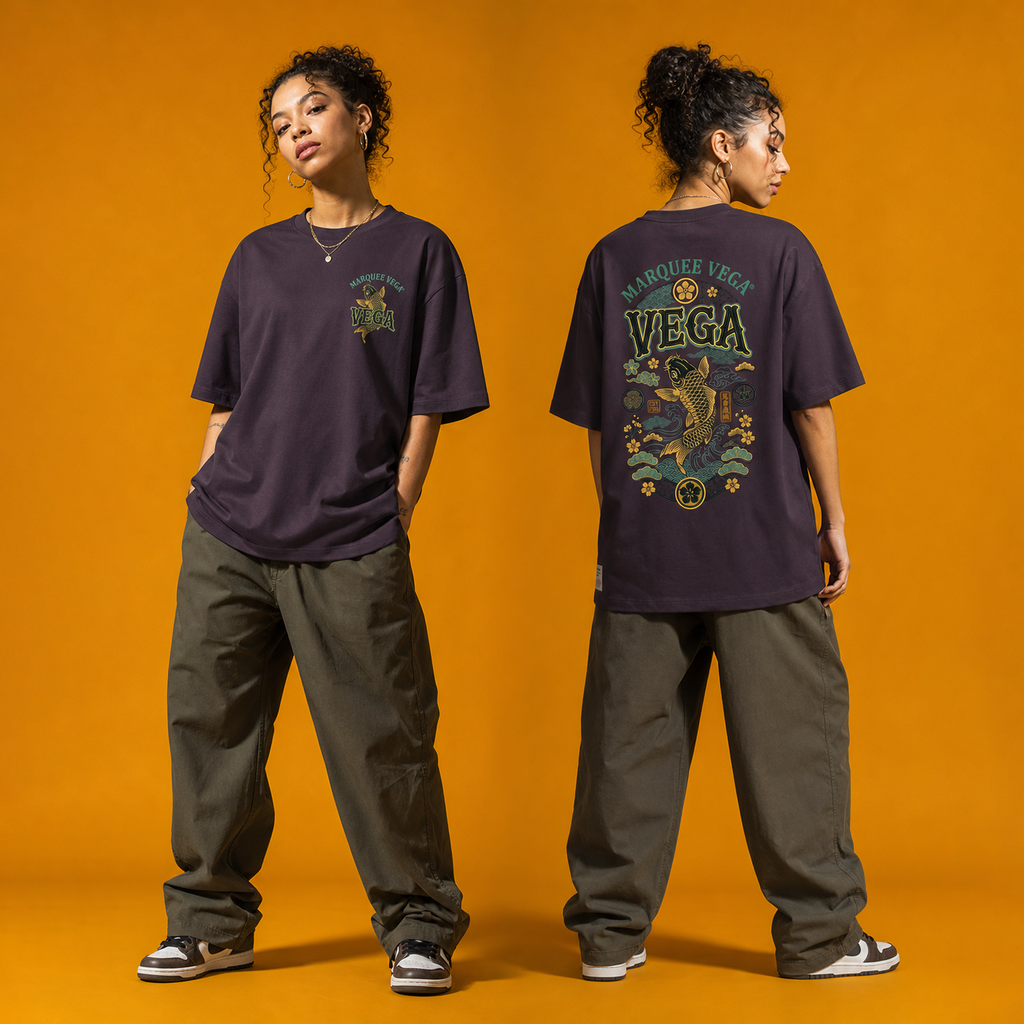 Model styling demonstration for the Japanese Koi Fish graphic tee by Marquee Vega.