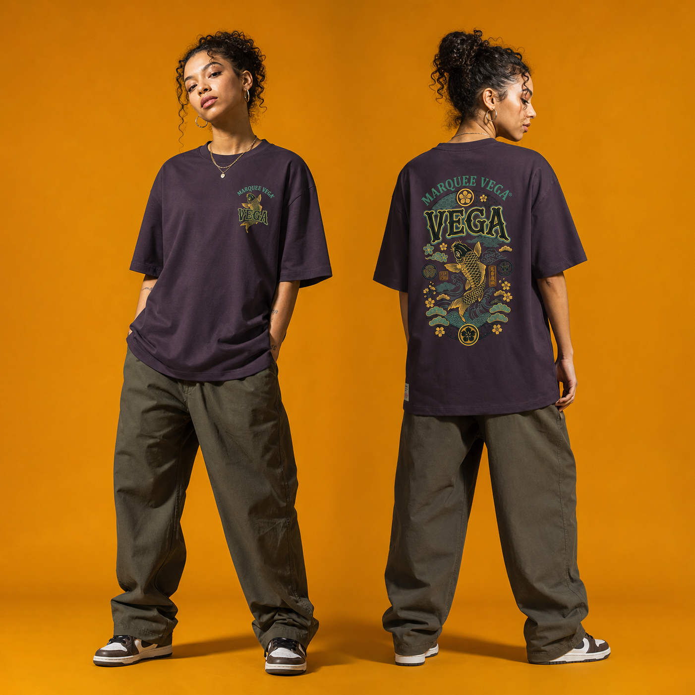 Model styling demonstration for the Japanese Koi Fish graphic tee by Marquee Vega.