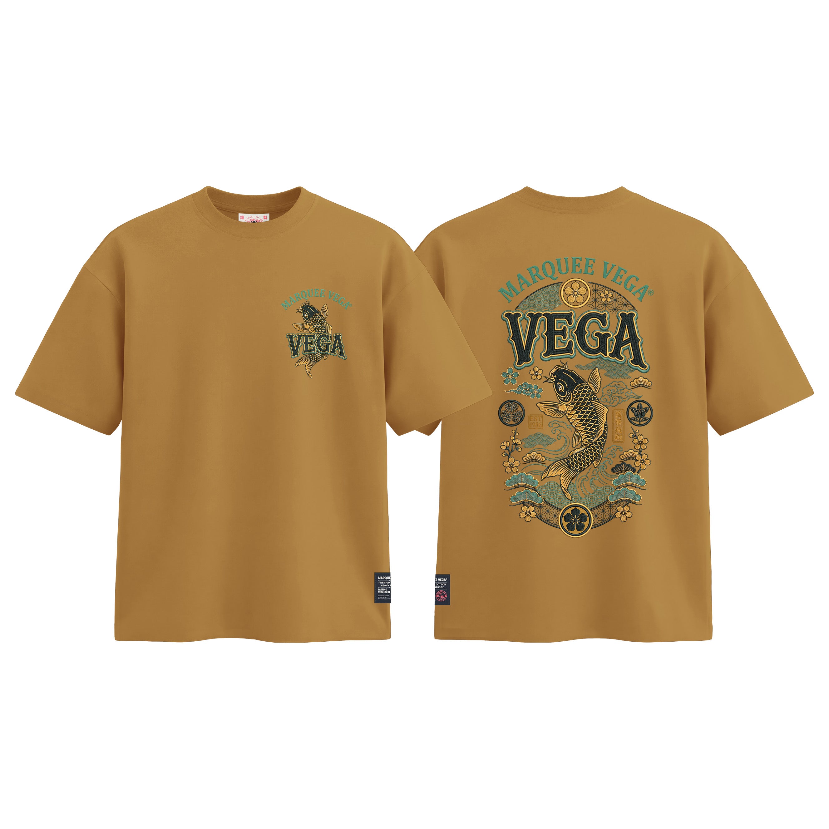 Japanese Koi Fish graphic tee colour preview in Mustard Yellow, shown front and back.