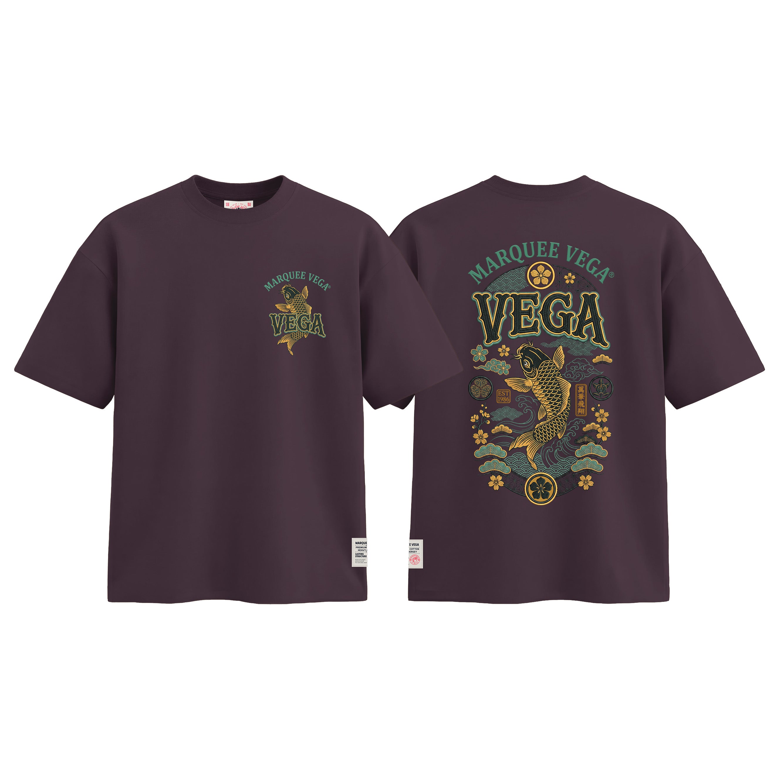 Japanese Koi Fish graphic tee colour preview in Dark Plum, shown front and back.