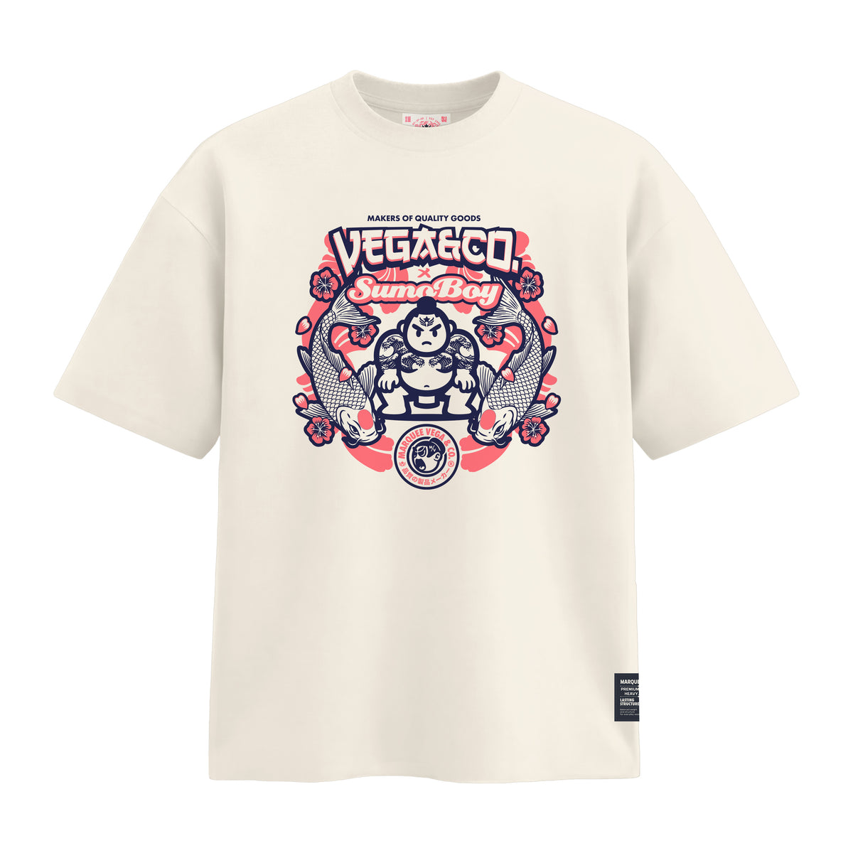 Vega & Co. Sumo Boy heavyweight loose fit graphic tee front artwork on Off White by Marquee Vega.